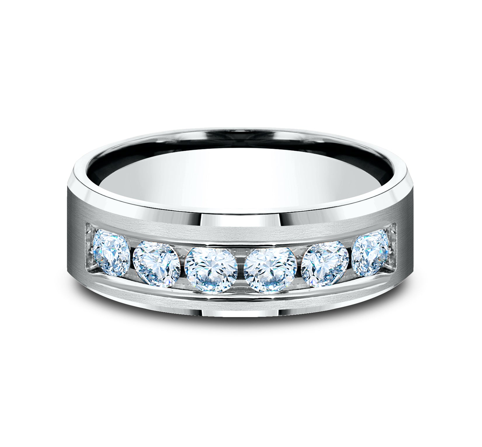 THE MONARCH 7mm, Comfort fit, 14K White Gold, Satin center, bevel edges, 6 channel set diamonds, Carat weight is .96ct, Clarity SI1-2, Color GH