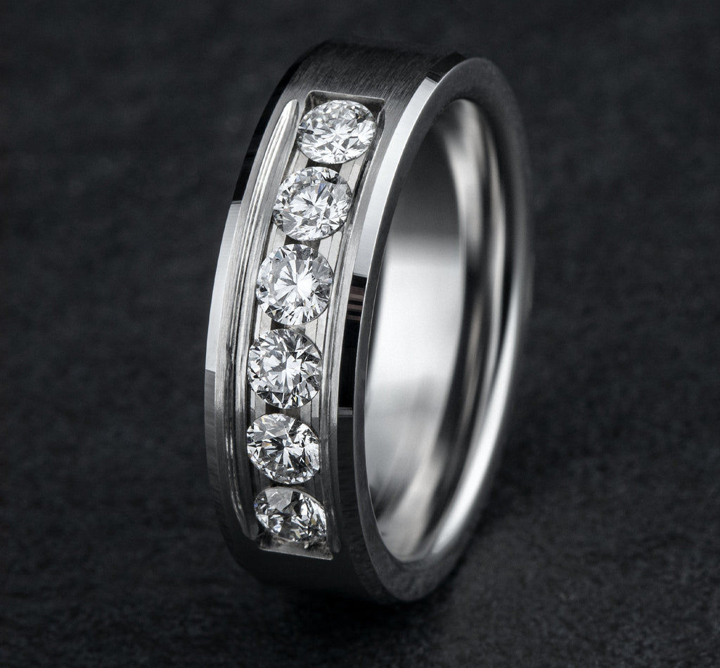 THE MONARCH 7mm, Comfort fit, 14K White Gold, Satin center, bevel edges, 6 channel set diamonds, Carat weight is .96ct, Clarity SI1-2, Color GH