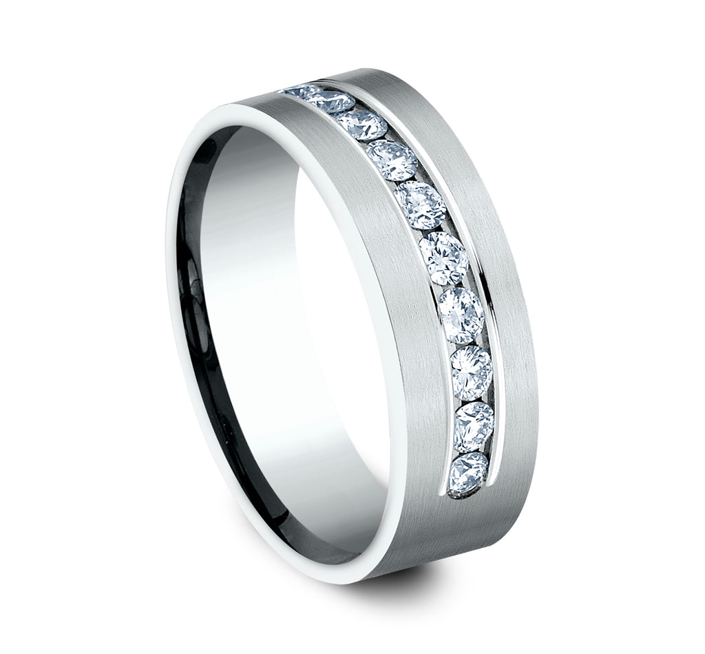 THE BOSS 8mm, Comfort fit, 14K White Gold, Satin finish, 12 channel set diamonds, Carat weight is .72ct, Clarity SI1-2, Color GH