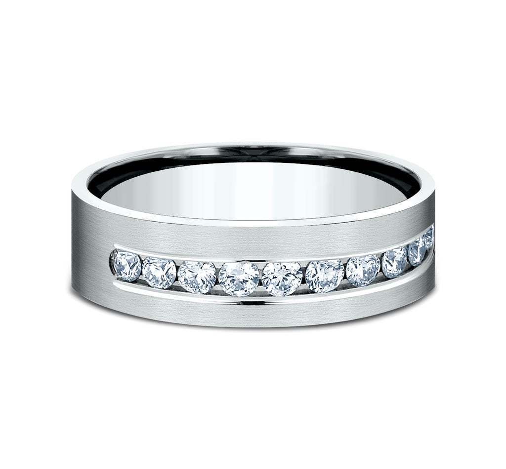 THE BOSS 8mm, Comfort fit, 14K White Gold, Satin finish, 12 channel set diamonds, Carat weight is .72ct, Clarity SI1-2, Color GH