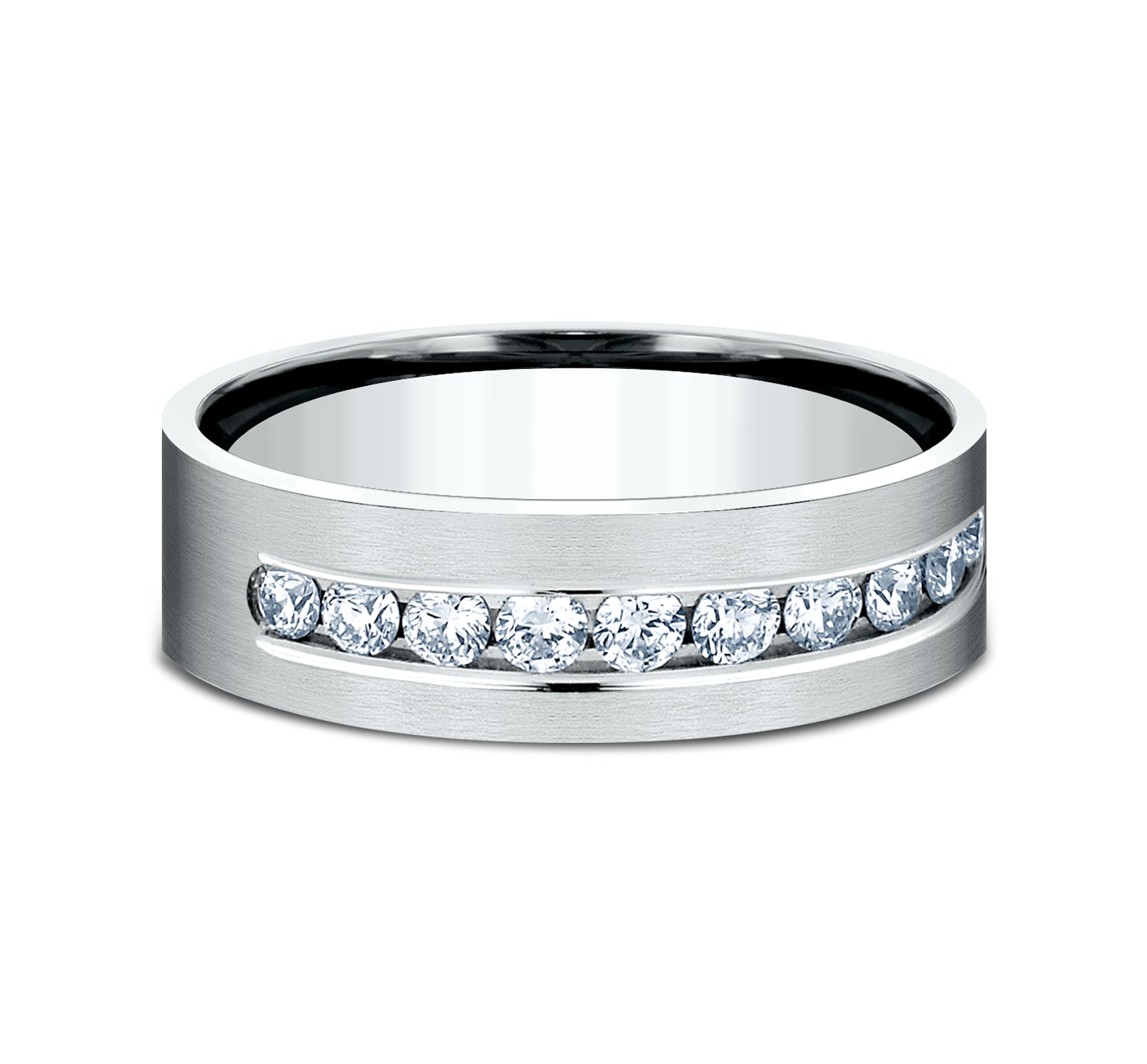 THE BOSS 8mm, Comfort fit, 14K White Gold, Satin finish, 12 channel set diamonds, Carat weight is .72ct, Clarity SI1-2, Color GH