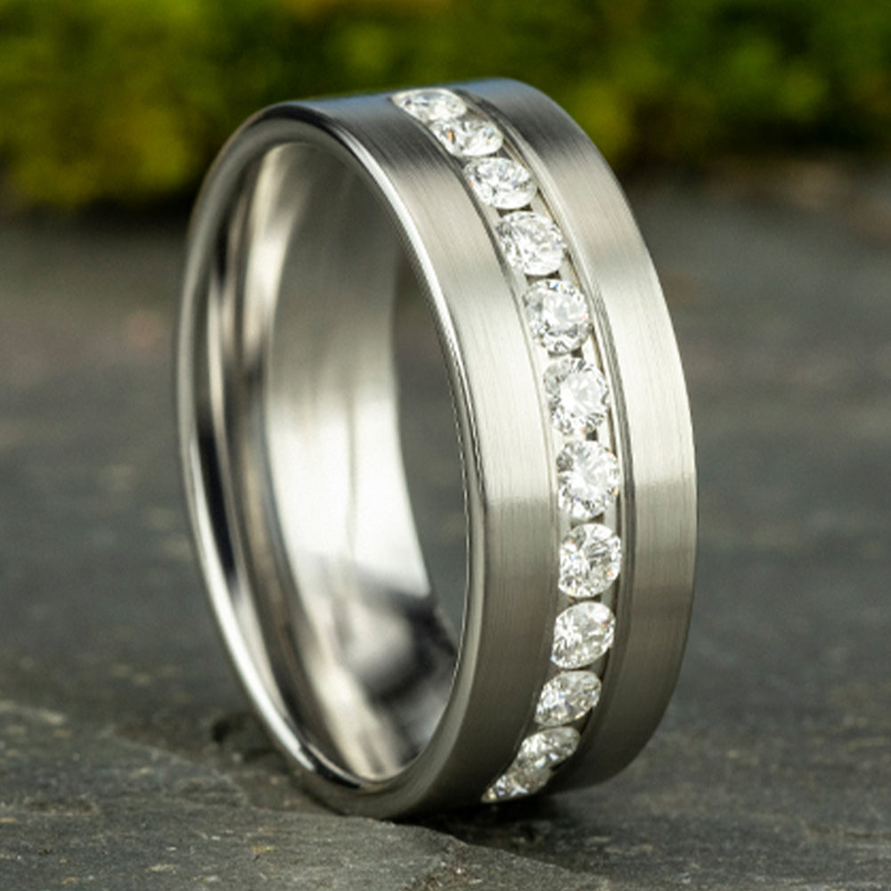 THE BOSS 8mm, Comfort fit, 14K White Gold, Satin finish, 12 channel set diamonds, Carat weight is .72ct, Clarity SI1-2, Color GH