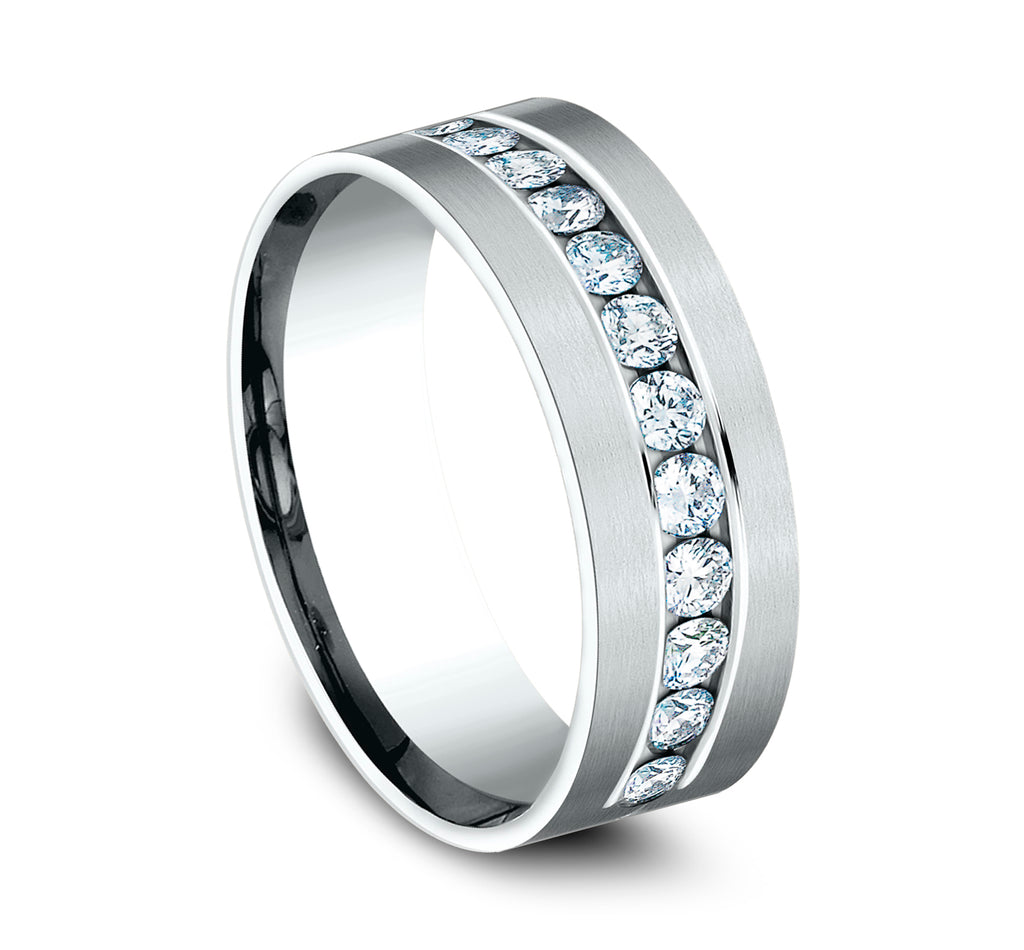 THE ARISTOCRAT 8mm, Comfort fit, 14K White Gold, Satin finish, 12 channel set diamonds, Carat weight is .96ct, Clarity SI1-2, Color GH