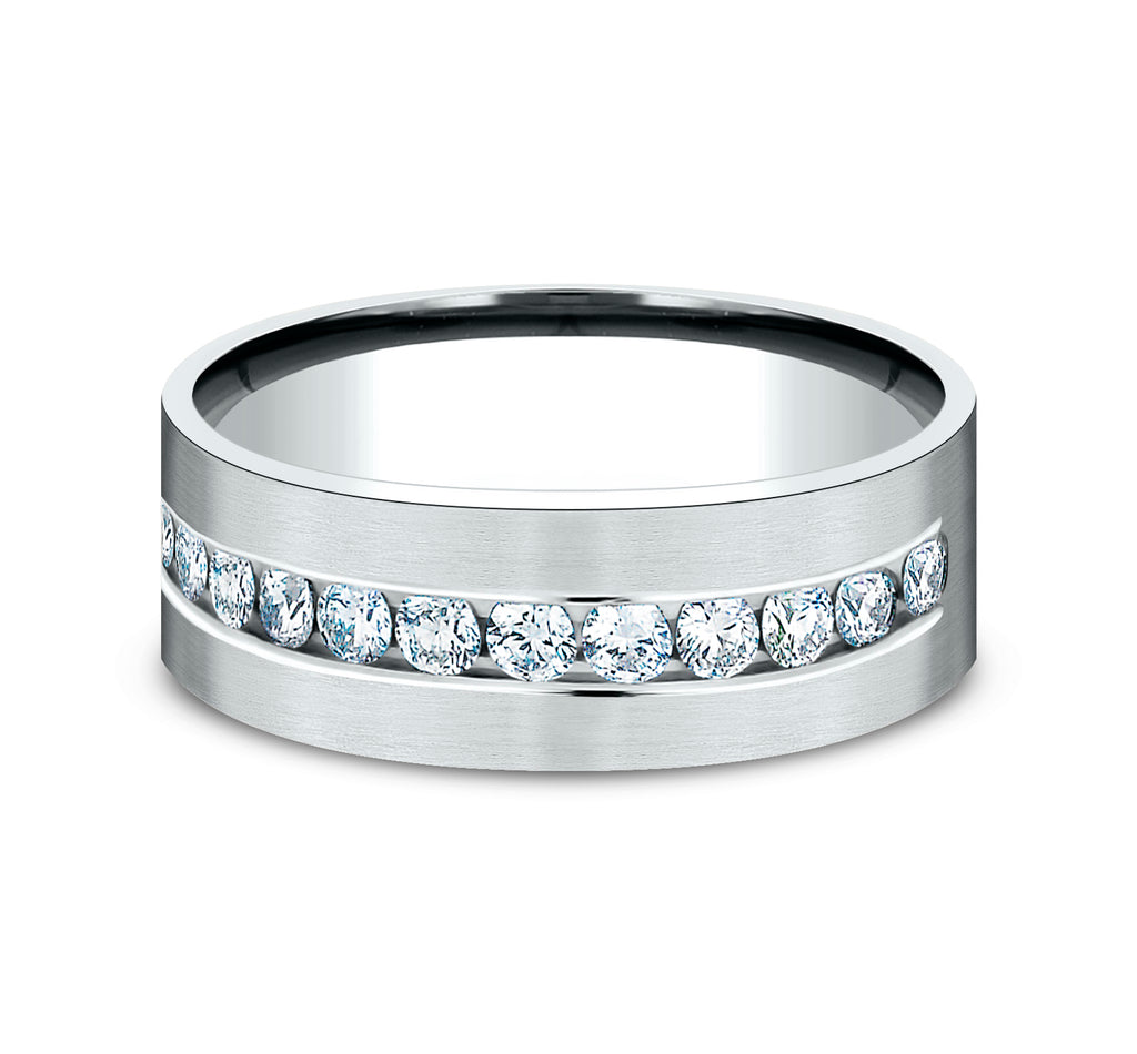 THE ARISTOCRAT 8mm, Comfort fit, 14K White Gold, Satin finish, 12 channel set diamonds, Carat weight is .96ct, Clarity SI1-2, Color GH