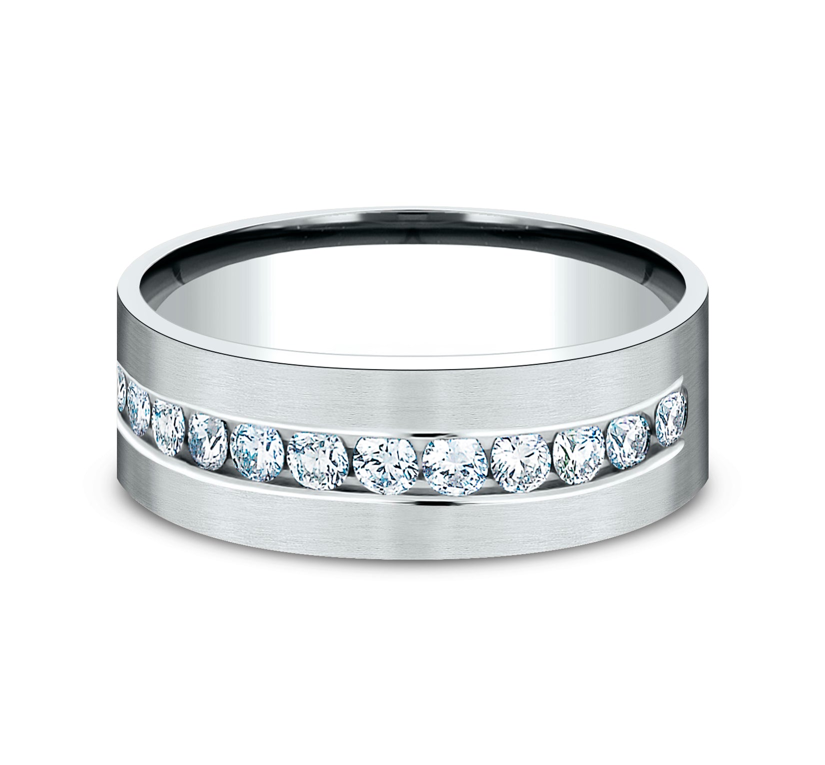 THE ARISTOCRAT 8mm, Comfort fit, 14K White Gold, Satin finish, 12 channel set diamonds, Carat weight is .96ct, Clarity SI1-2, Color GH