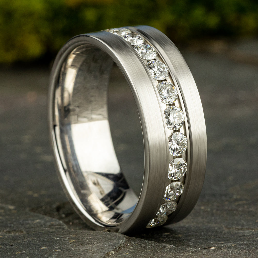 THE ARISTOCRAT 8mm, Comfort fit, 14K White Gold, Satin finish, 12 channel set diamonds, Carat weight is .96ct, Clarity SI1-2, Color GH