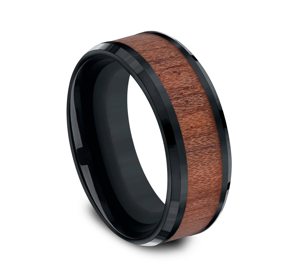 THE MAKER 8mm, Comfort fit, Black Cobalt and Wood, Wooden center, polished bevel edges