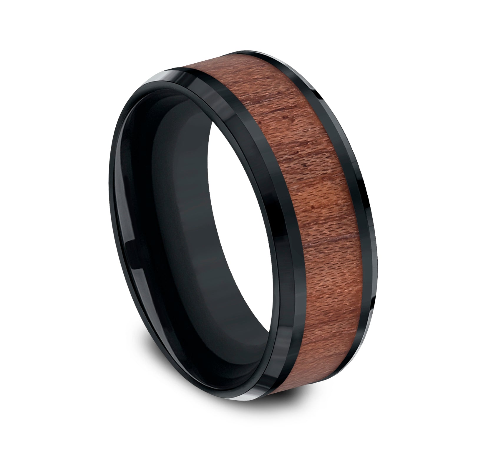 THE MAKER 8mm, Comfort fit, Black Cobalt and Wood, Wooden center, polished bevel edges