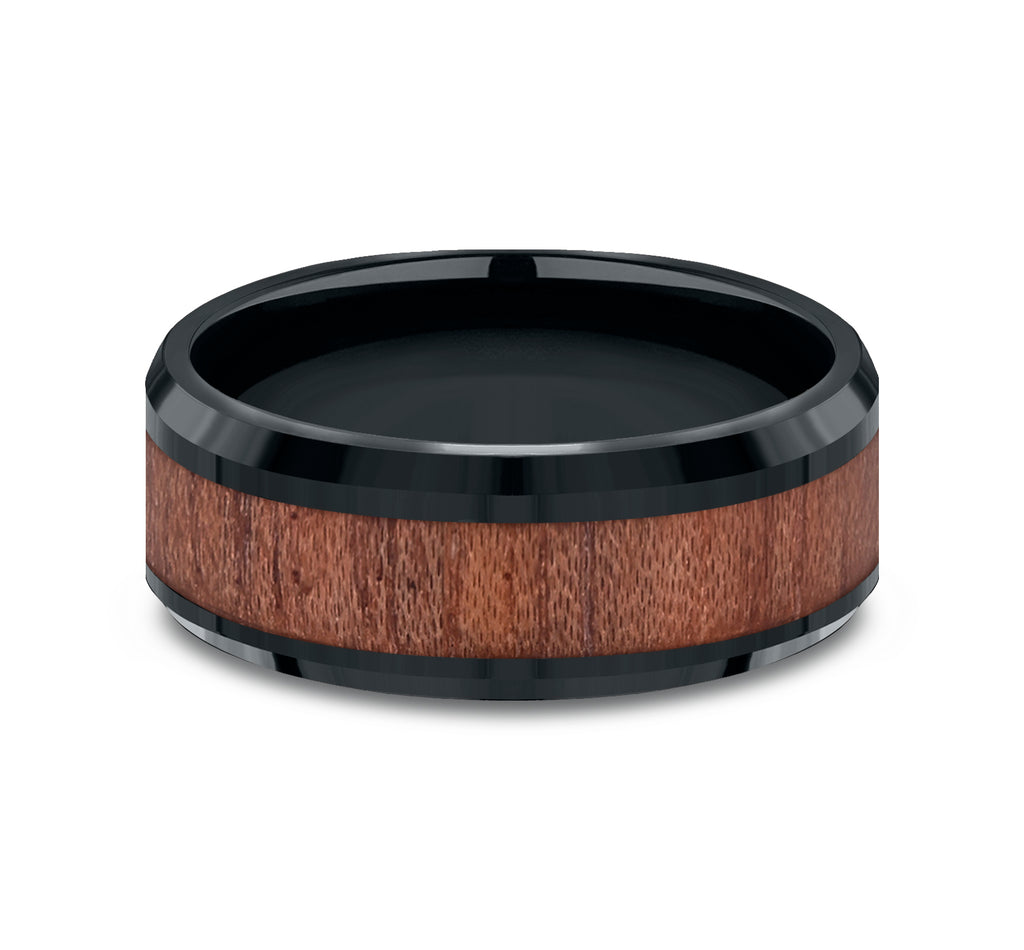 THE MAKER 8mm, Comfort fit, Black Cobalt and Wood, Wooden center, polished bevel edges