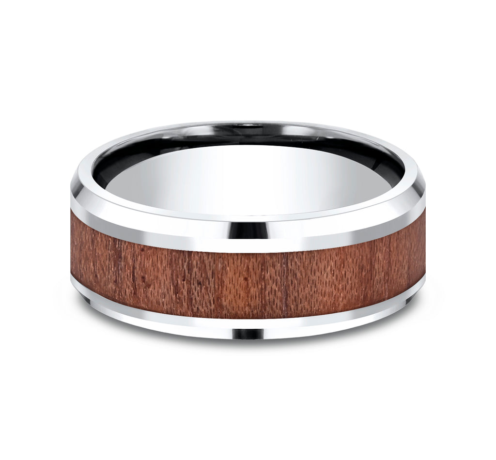 THE MAKER 8mm, Comfort fit, White Cobalt and Wood, Wooden center, polished bevel edges