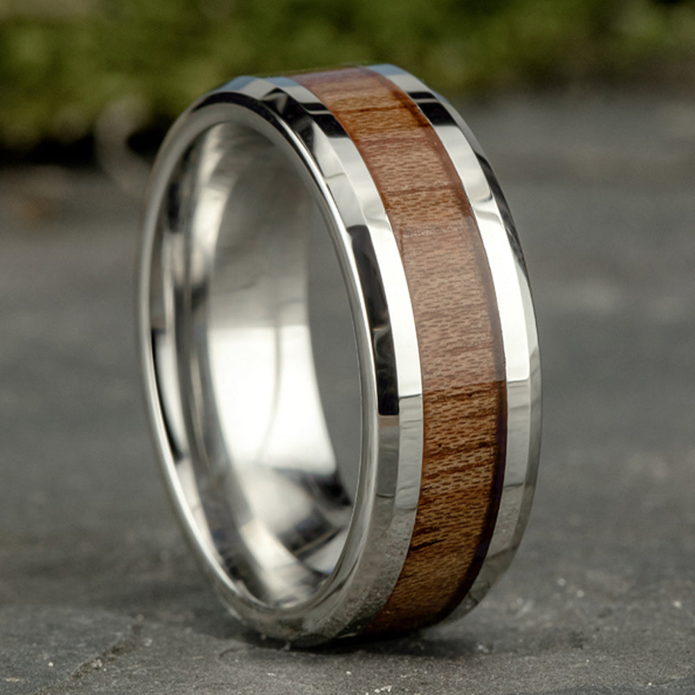 THE MAKER 8mm, Comfort fit, White Cobalt and Wood, Wooden center, polished bevel edges