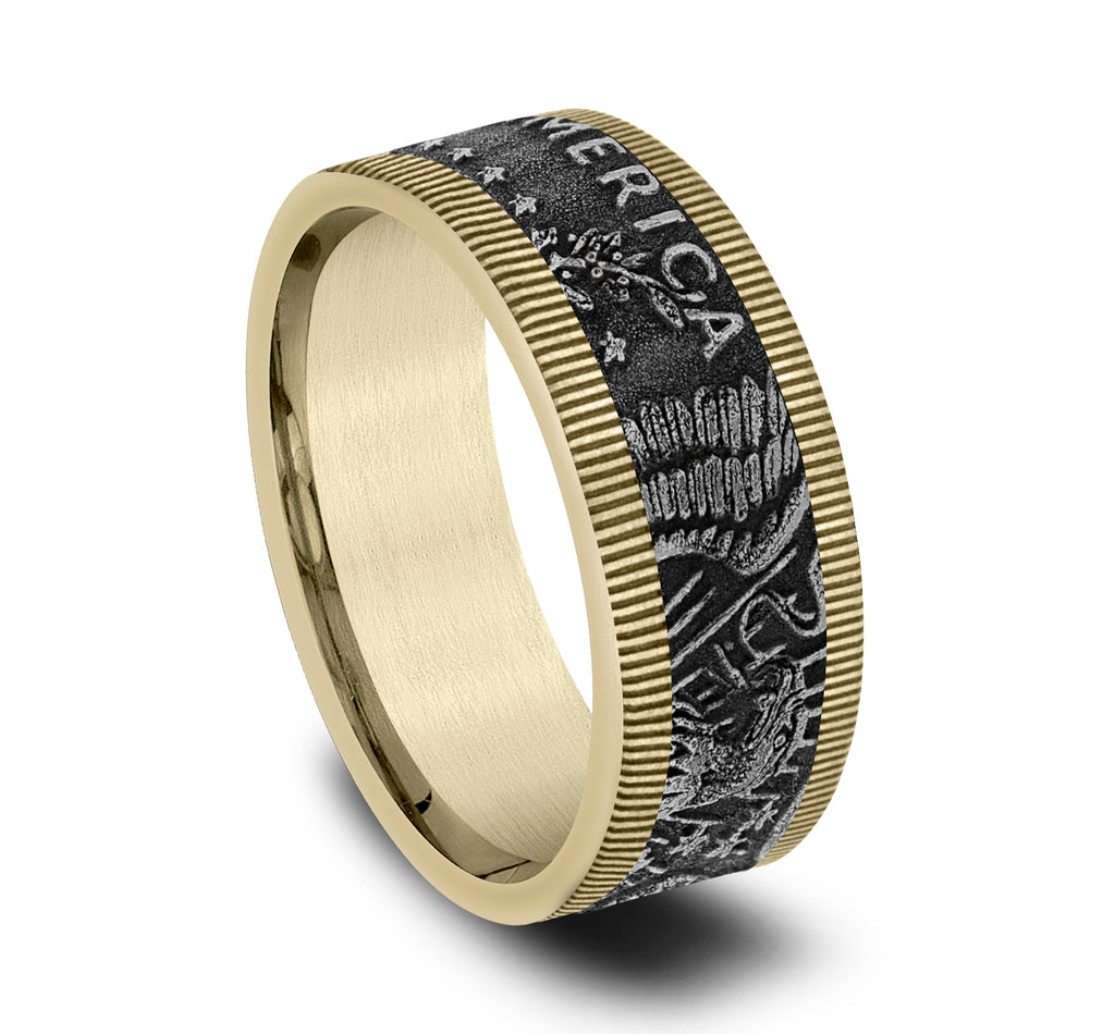 THE KENNEDY 9mm, Comfort fit, 14K Yellow Gold and Grey Tantalum, Kennedy half dollar design, milgrain edges