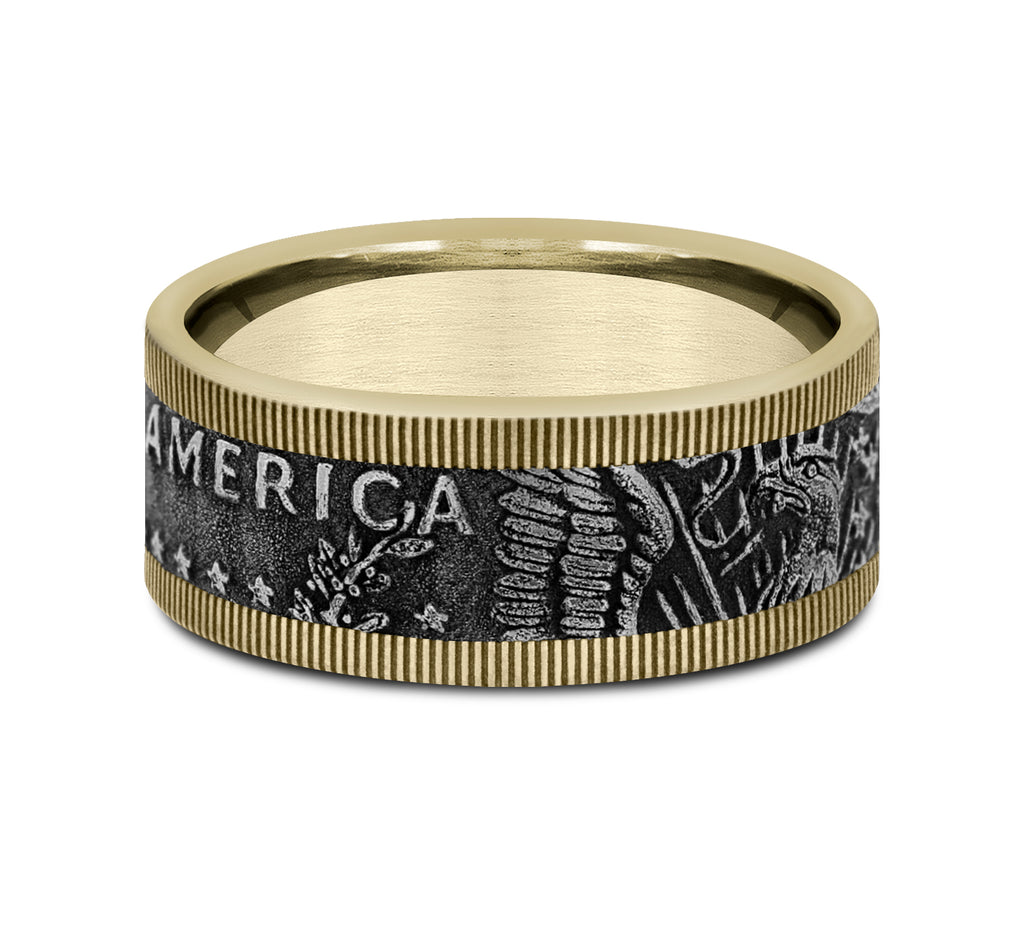 THE KENNEDY 9mm, Comfort fit, 14K Yellow Gold and Grey Tantalum, Kennedy half dollar design, milgrain edges