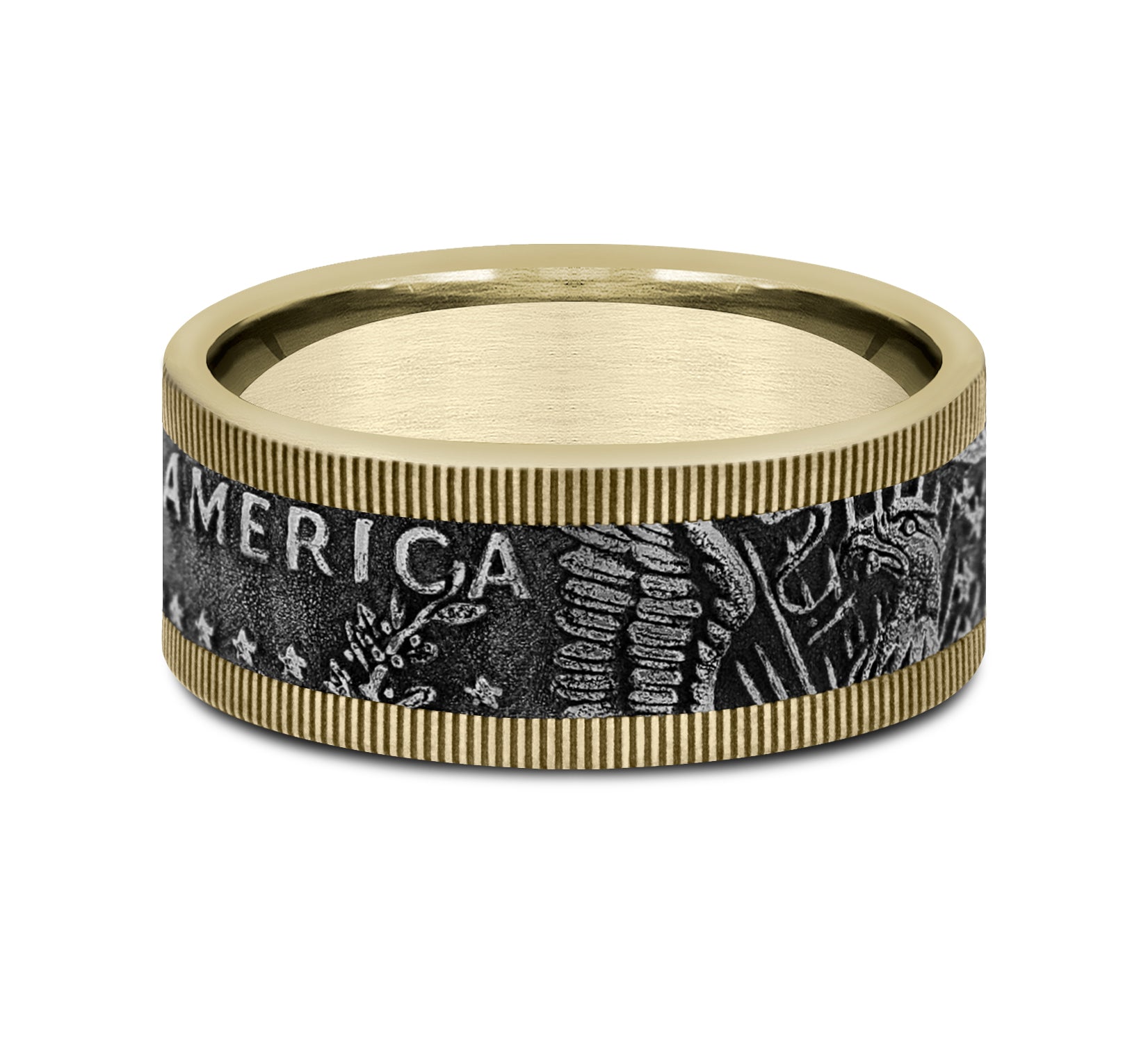 THE KENNEDY 9mm, Comfort fit, 14K Yellow Gold and Grey Tantalum, Kennedy half dollar design, milgrain edges