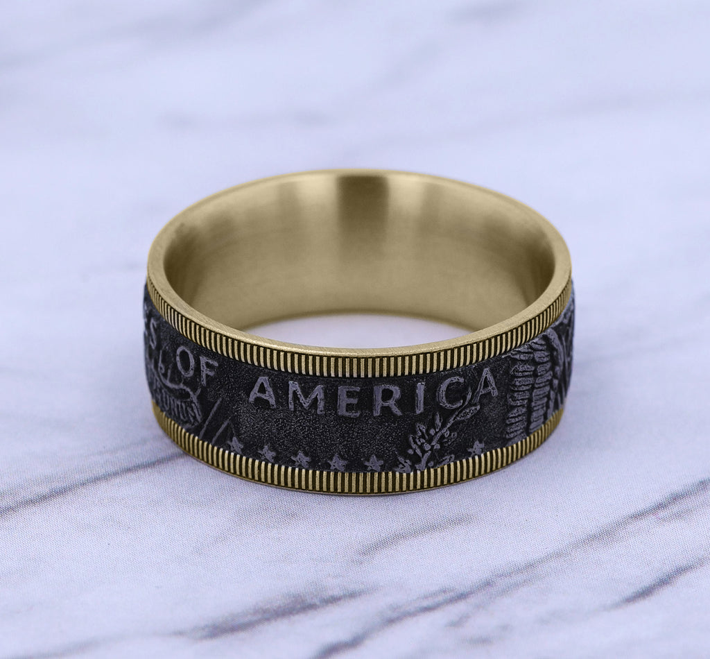 THE KENNEDY 9mm, Comfort fit, 14K Yellow Gold and Grey Tantalum, Kennedy half dollar design, milgrain edges