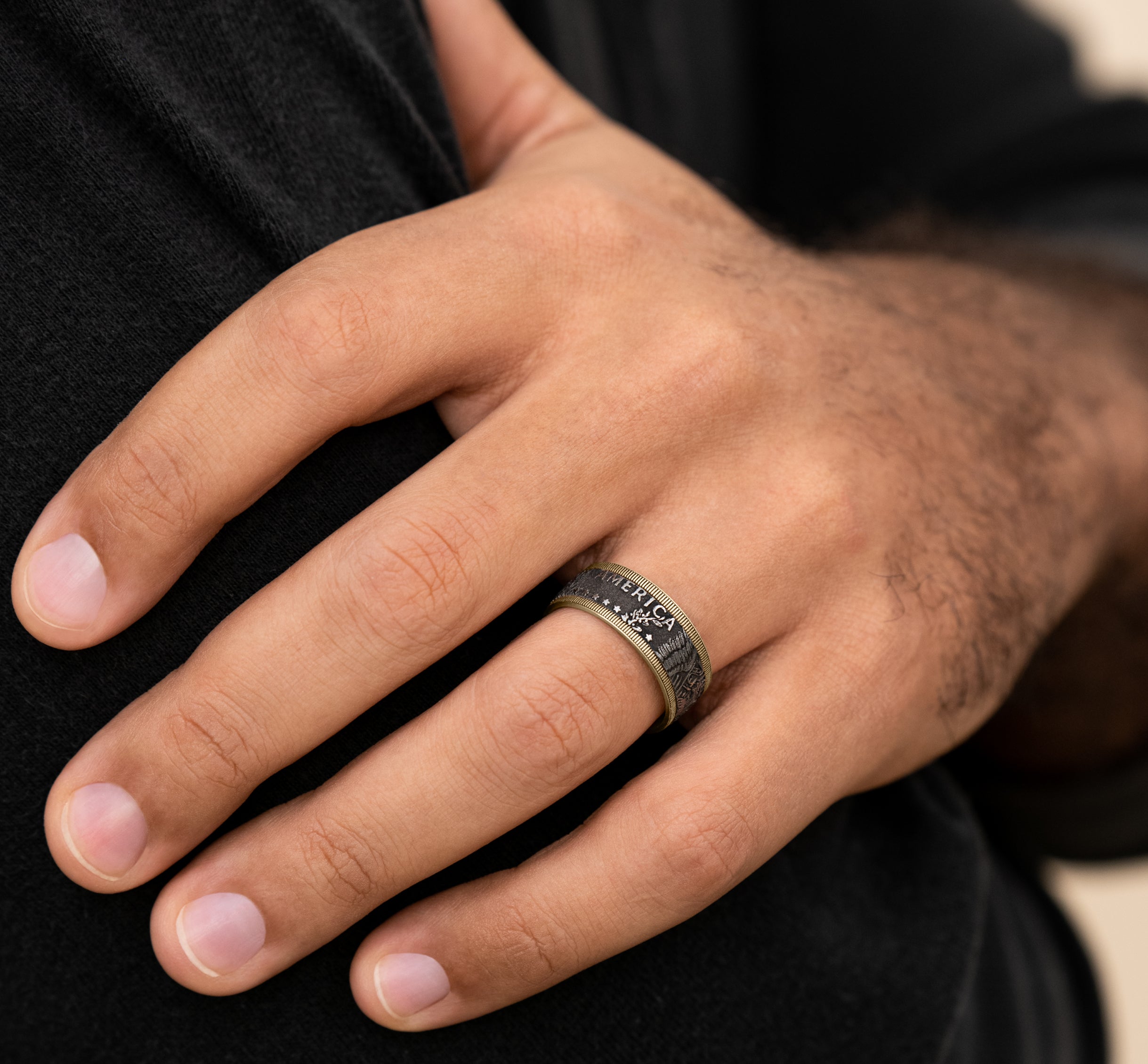 THE KENNEDY 9mm, Comfort fit, 14K Yellow Gold and Grey Tantalum, Kennedy half dollar design, milgrain edges