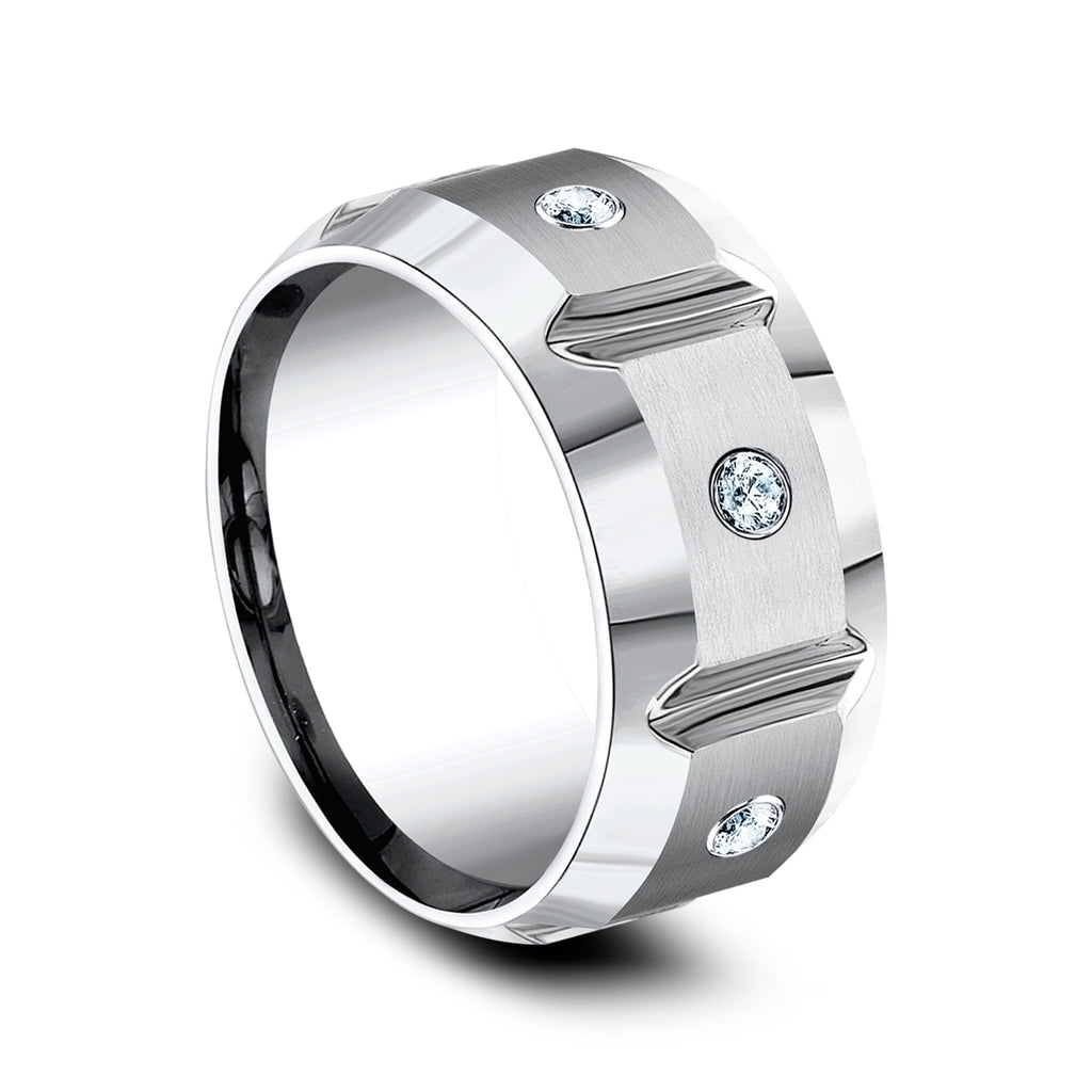 THE SIEGE 10mm, Comfort fit, White Cobalt, Satin finish with deep segmented cuts, 3 burnish set diamonds, Carat weight is .18ct, Clarity SI1-2, Color GH