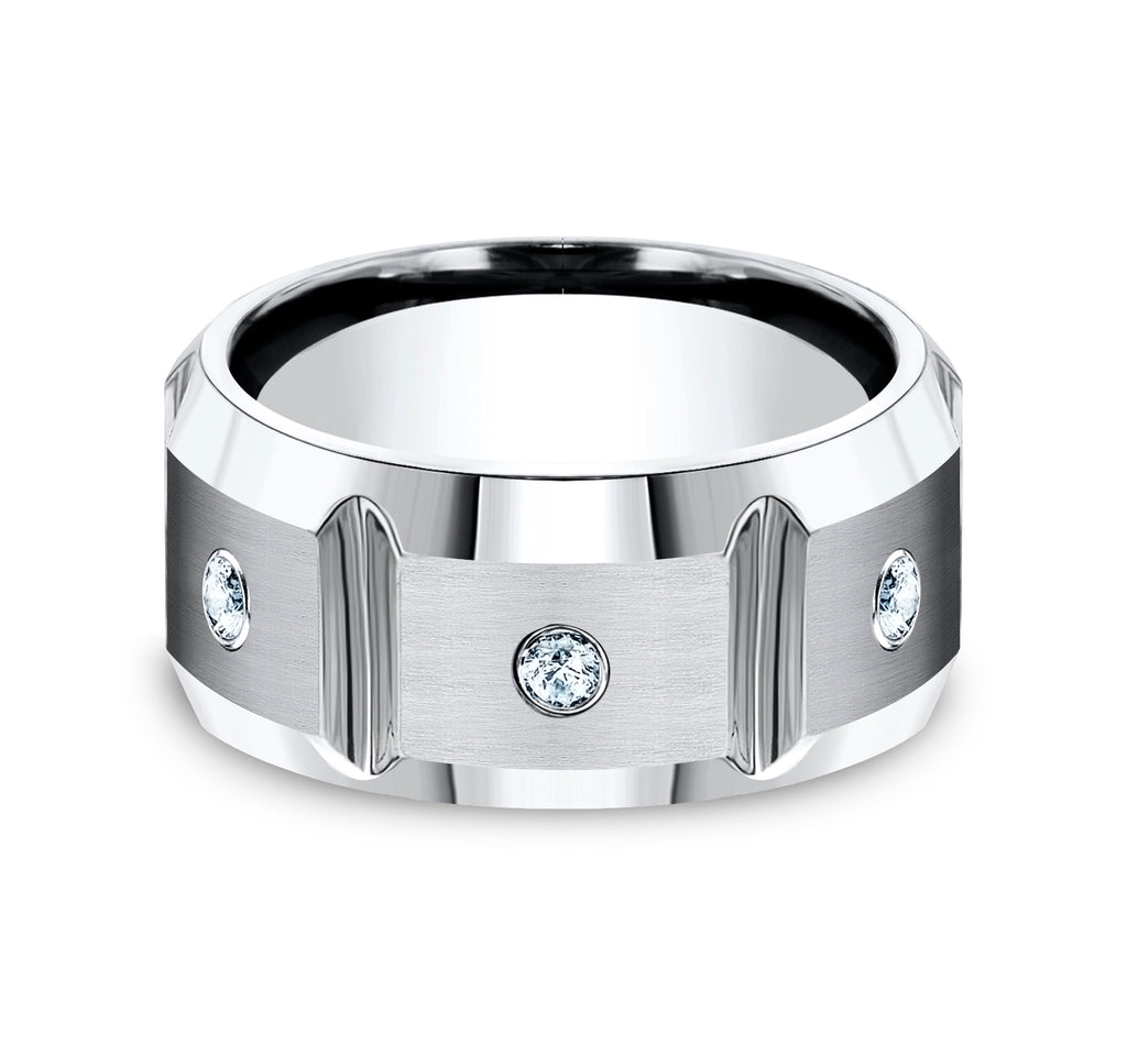 THE SIEGE 10mm, Comfort fit, White Cobalt, Satin finish with deep segmented cuts, 3 burnish set diamonds, Carat weight is .18ct, Clarity SI1-2, Color GH