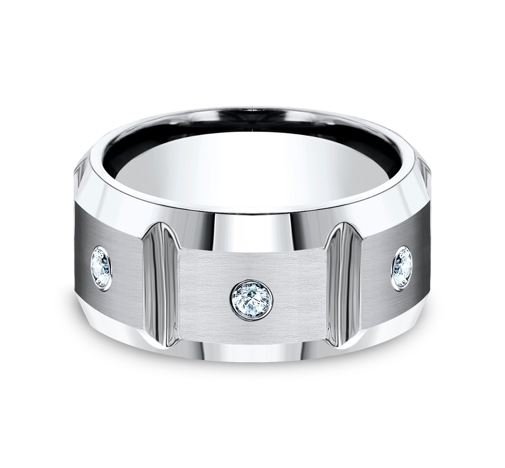 THE SIEGE 10mm, Comfort fit, White Cobalt, Satin finish with deep segmented cuts, 3 burnish set diamonds, Carat weight is .18ct, Clarity SI1-2, Color GH