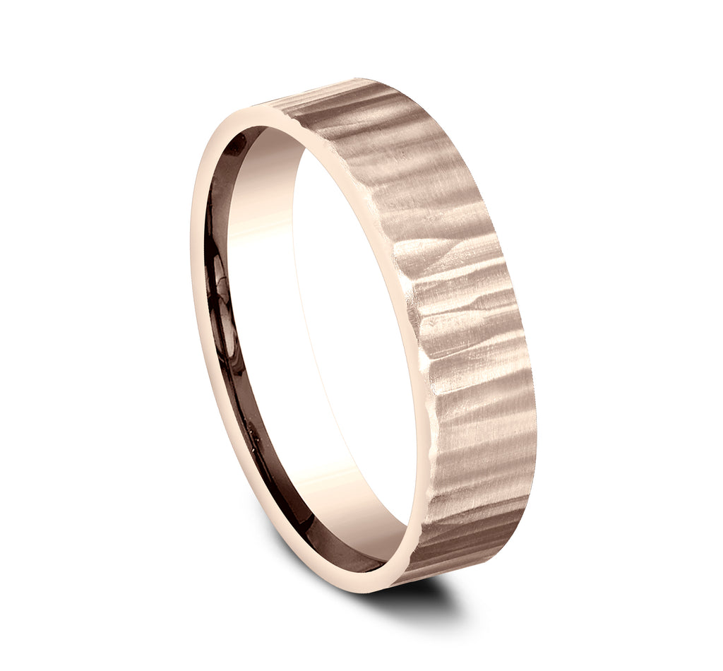 THE DREDGER 5mm, Comfort fit, 14K Rose Gold, Vertical hammered finish