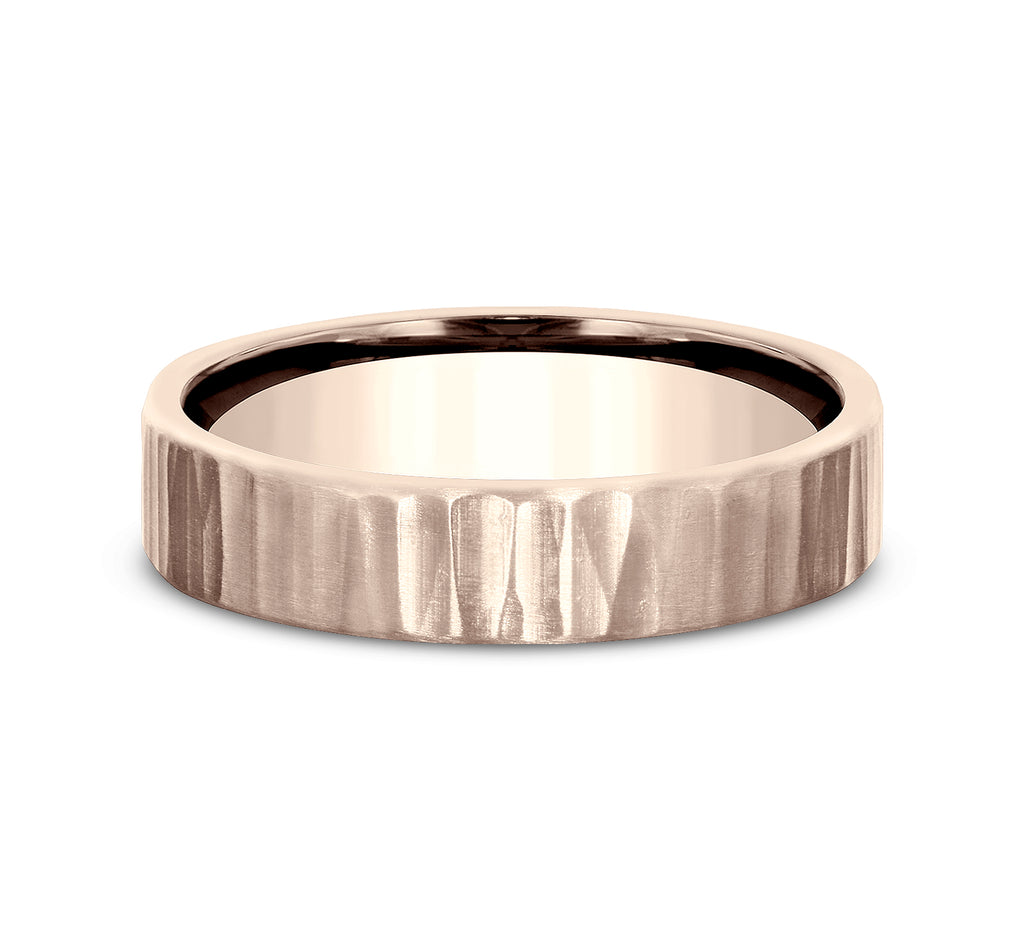 THE DREDGER 5mm, Comfort fit, 14K Rose Gold, Vertical hammered finish