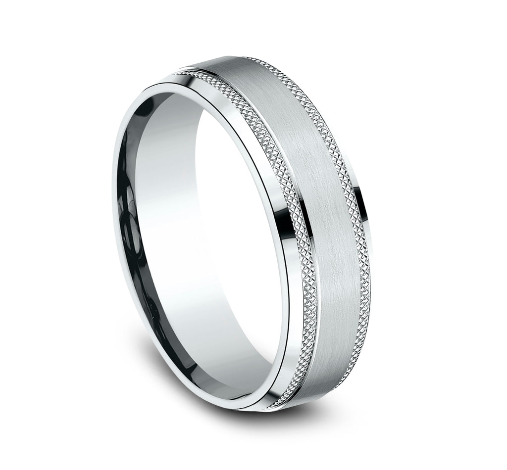 THE TITAN 6.5mm, Comfort fit, 14K White Gold, Satin finish center, knurl detailed bevel edges