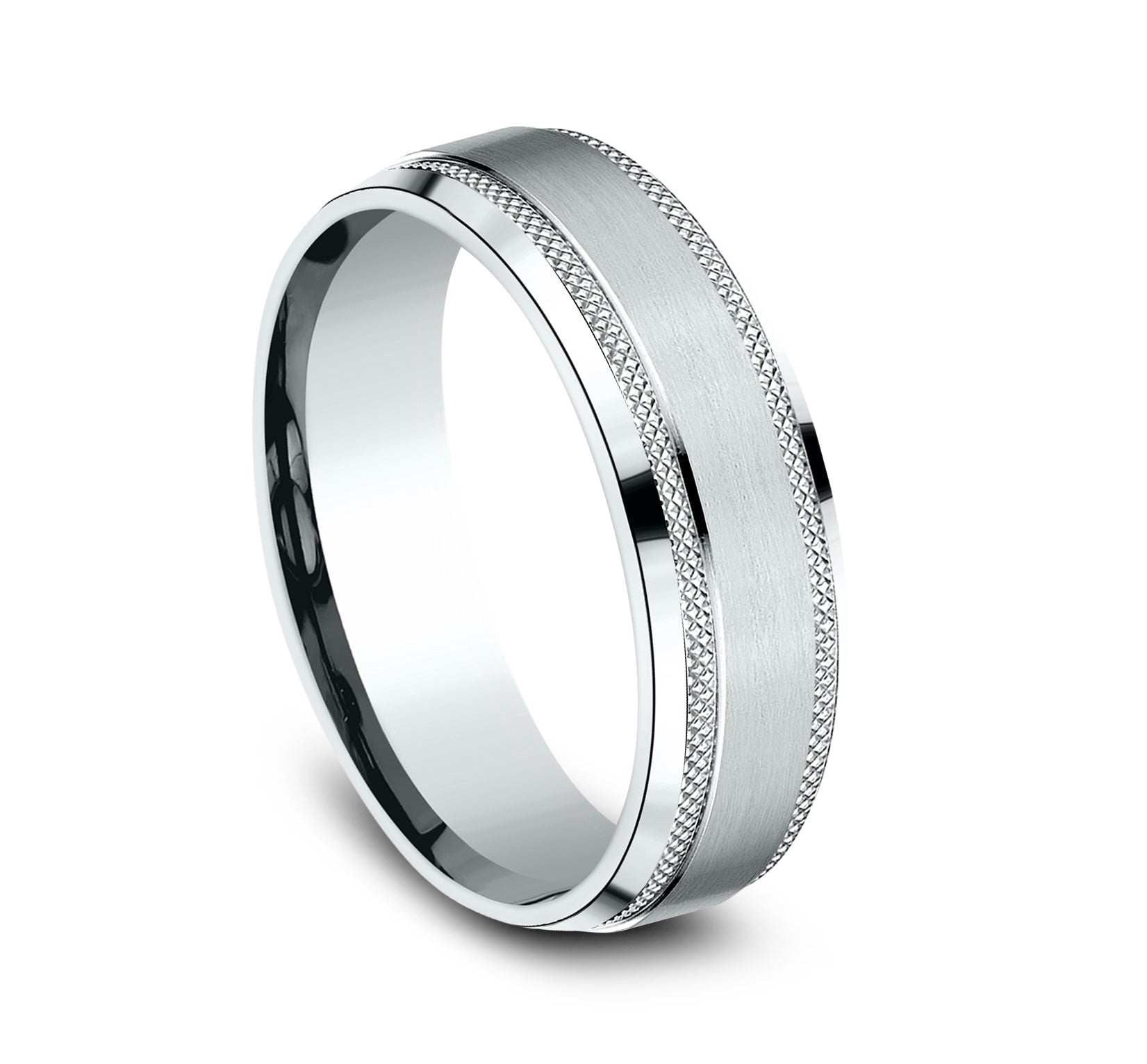 THE TITAN 6.5mm, Comfort fit, 14K White Gold, Satin finish center, knurl detailed bevel edges