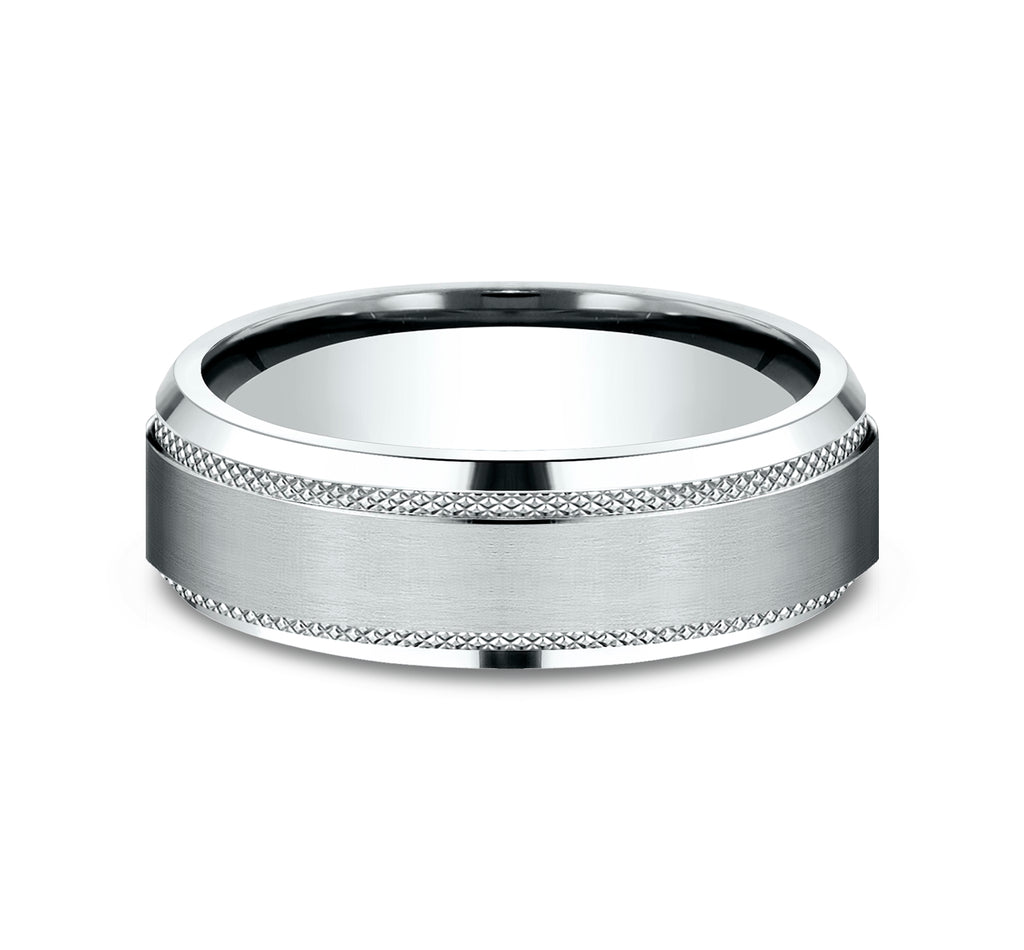 THE TITAN 6.5mm, Comfort fit, 14K White Gold, Satin finish center, knurl detailed bevel edges