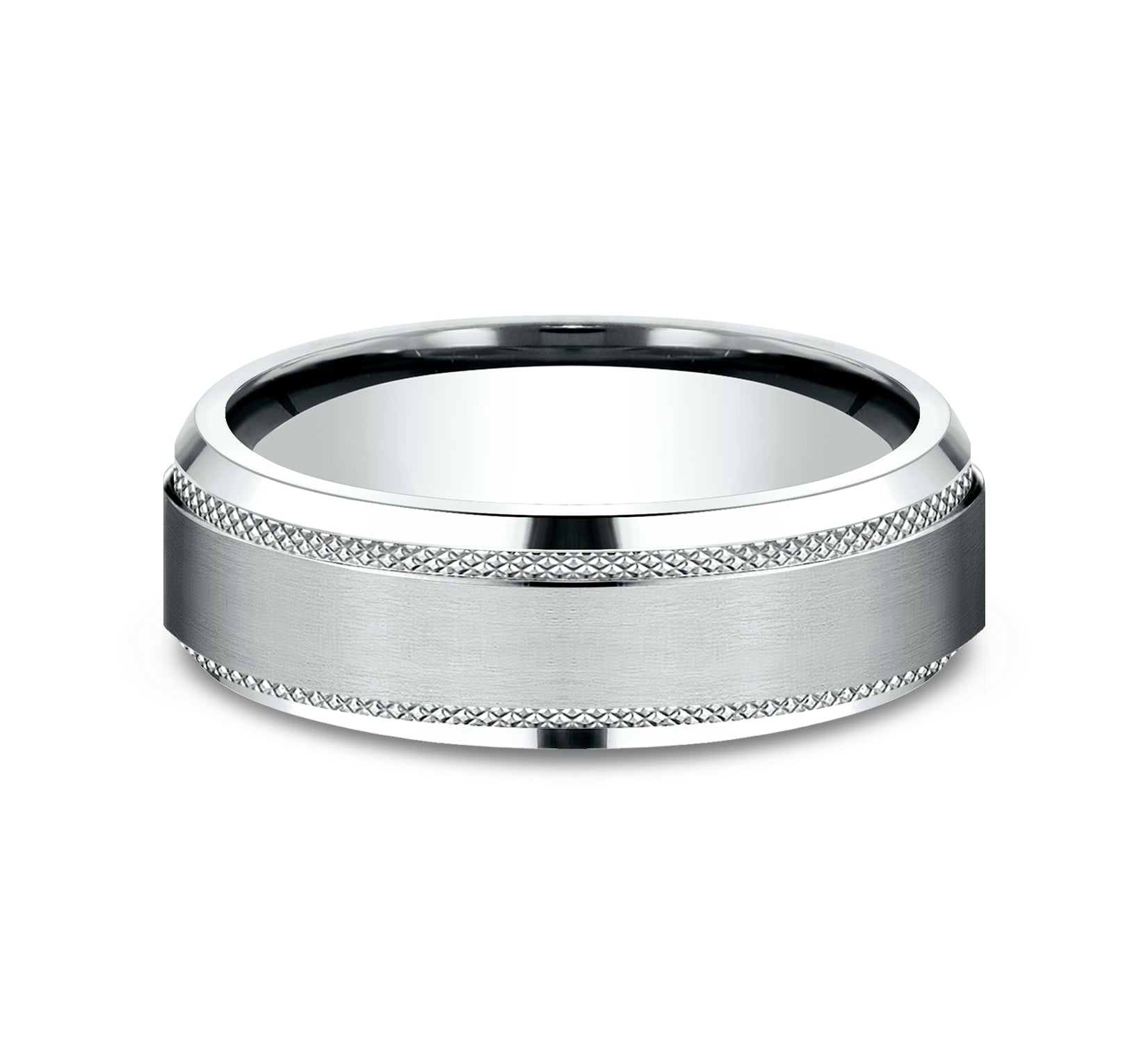 THE TITAN 6.5mm, Comfort fit, 14K White Gold, Satin finish center, knurl detailed bevel edges