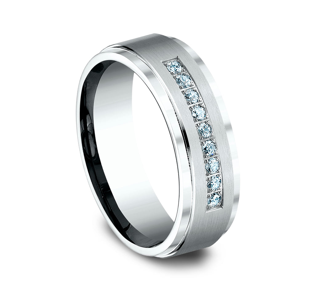 THE ARCHDUKE 7mm, Comfort fit, 14K White Gold, Satin finish, polished bevel edges, 9 pave set diamonds, Carat weight is .18ct, Clarity SI1-2, Color GH