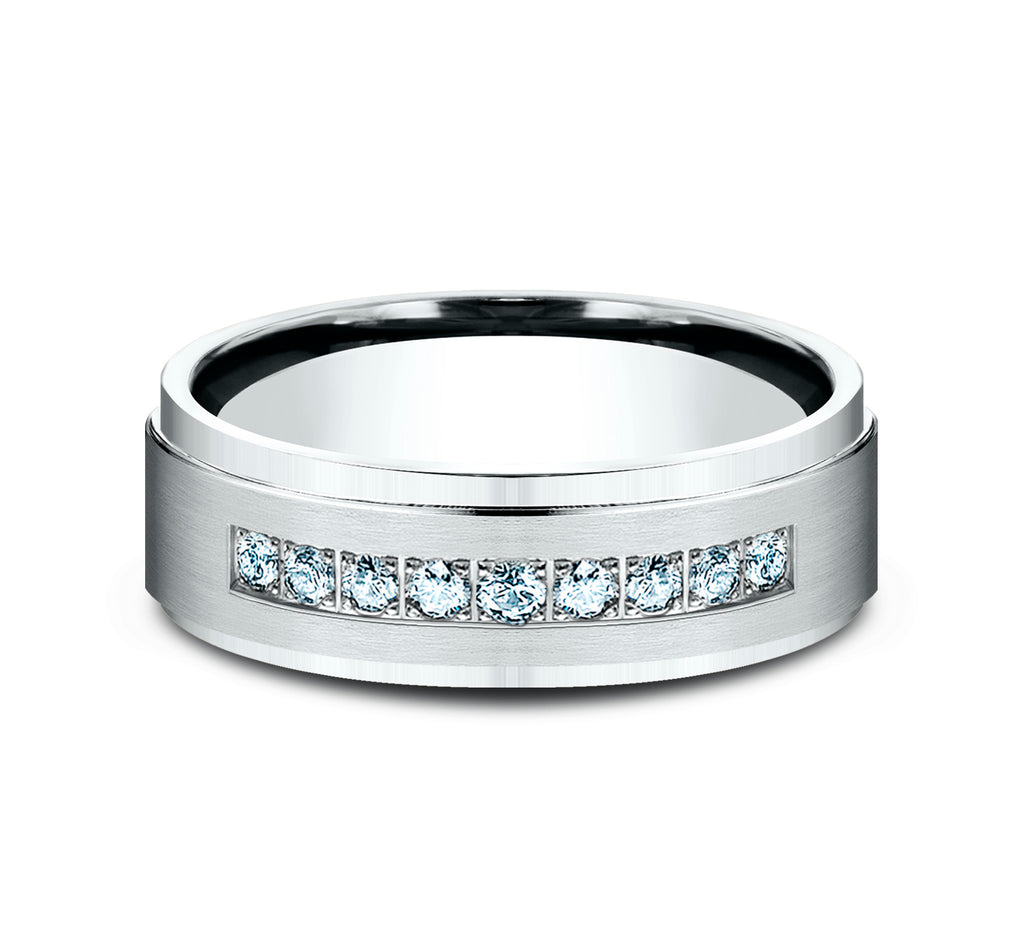 THE ARCHDUKE 7mm, Comfort fit, 14K White Gold, Satin finish, polished bevel edges, 9 pave set diamonds, Carat weight is .18ct, Clarity SI1-2, Color GH