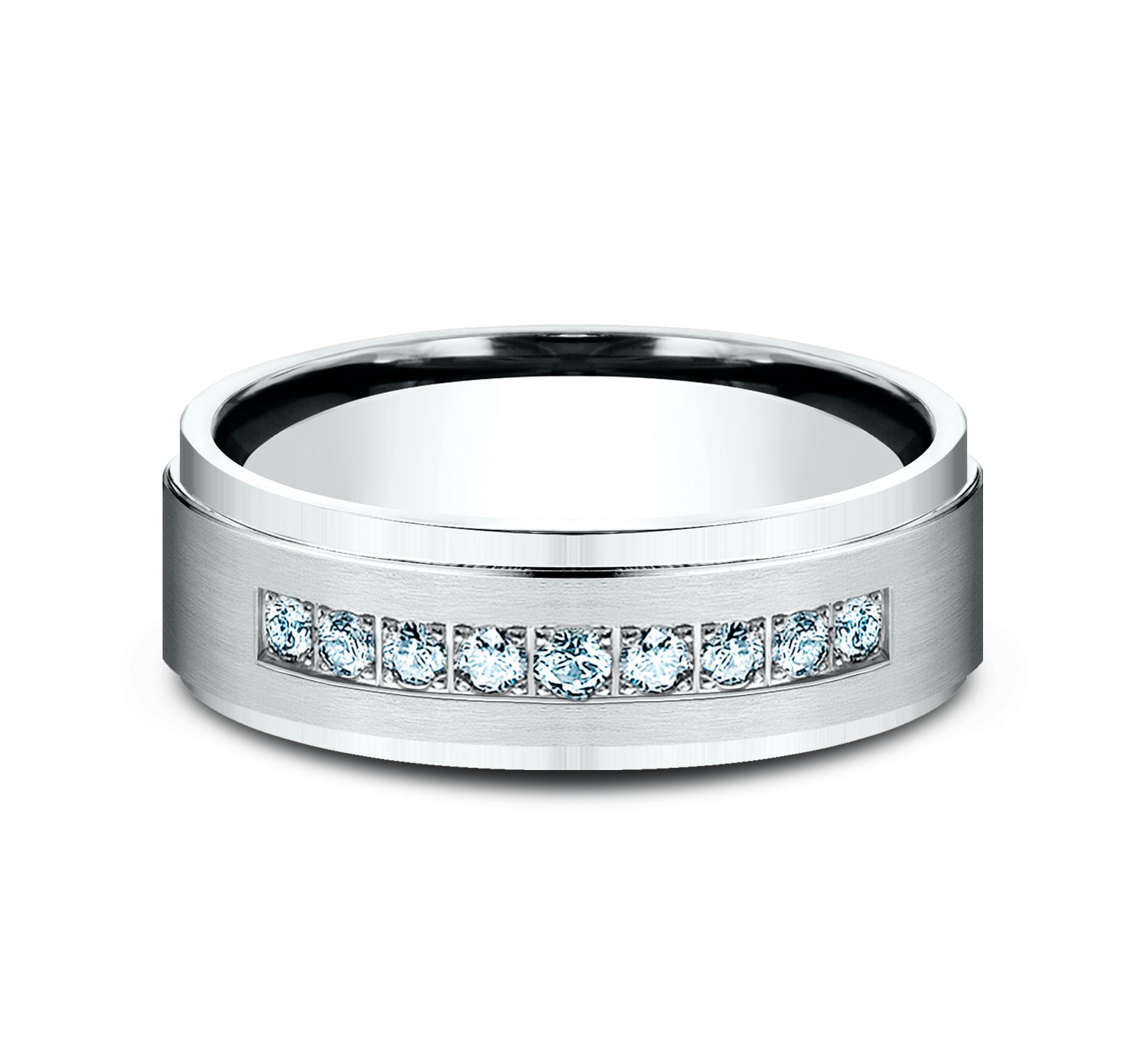 THE ARCHDUKE 7mm, Comfort fit, 14K White Gold, Satin finish, polished bevel edges, 9 pave set diamonds, Carat weight is .18ct, Clarity SI1-2, Color GH