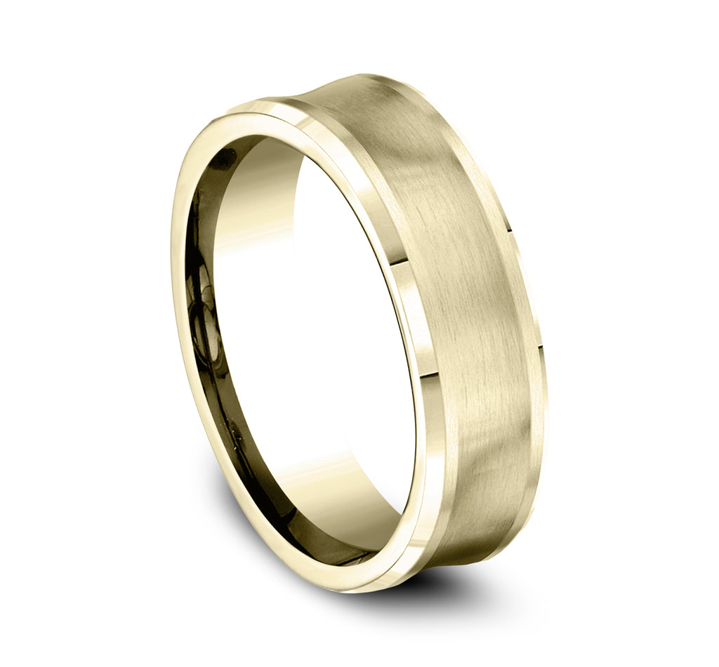 THE GROTTO 7.5mm, Comfort fit, 14K Yellow Gold, Satin finished concave center, polished bevel edges