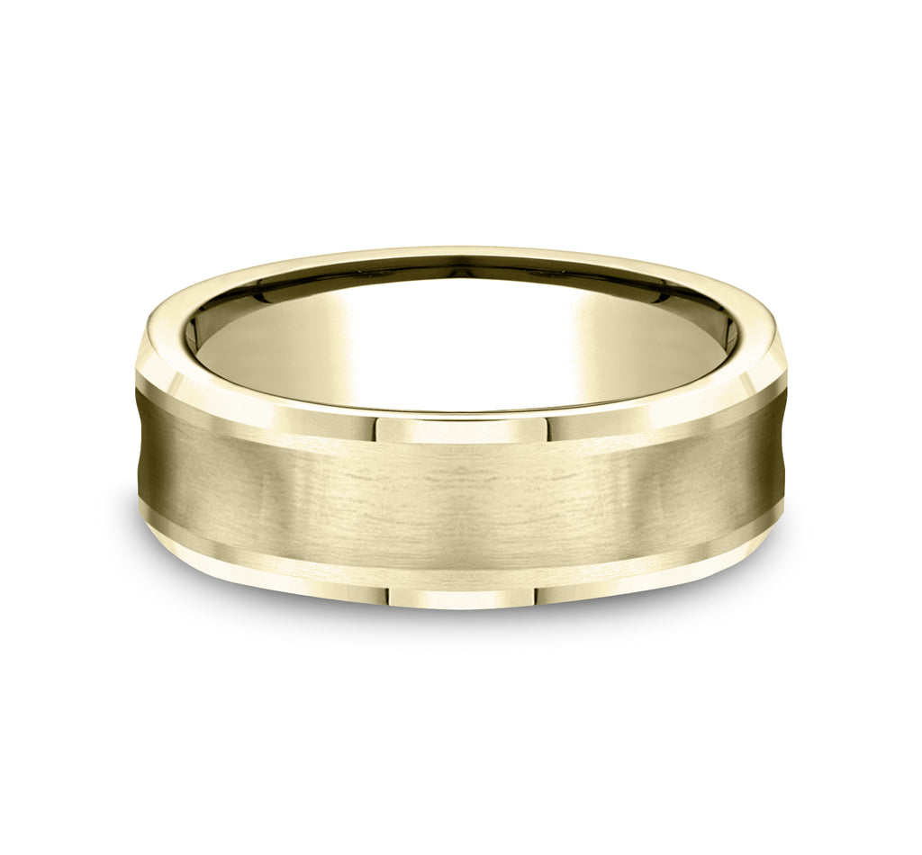THE GROTTO 7.5mm, Comfort fit, 14K Yellow Gold, Satin finished concave center, polished bevel edges