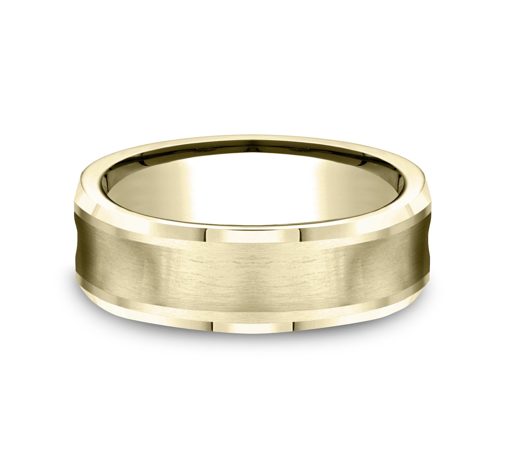 THE GROTTO 7.5mm, Comfort fit, 14K Yellow Gold, Satin finished concave center, polished bevel edges
