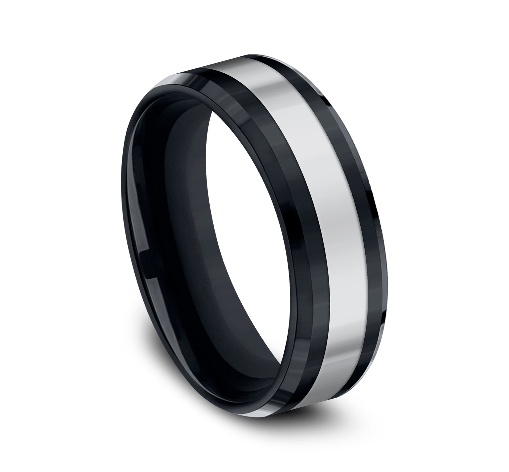 THE BOGAN 7mm, Comfort fit, Black Ceramic and Tungsten, Polished center, polished bevel edges