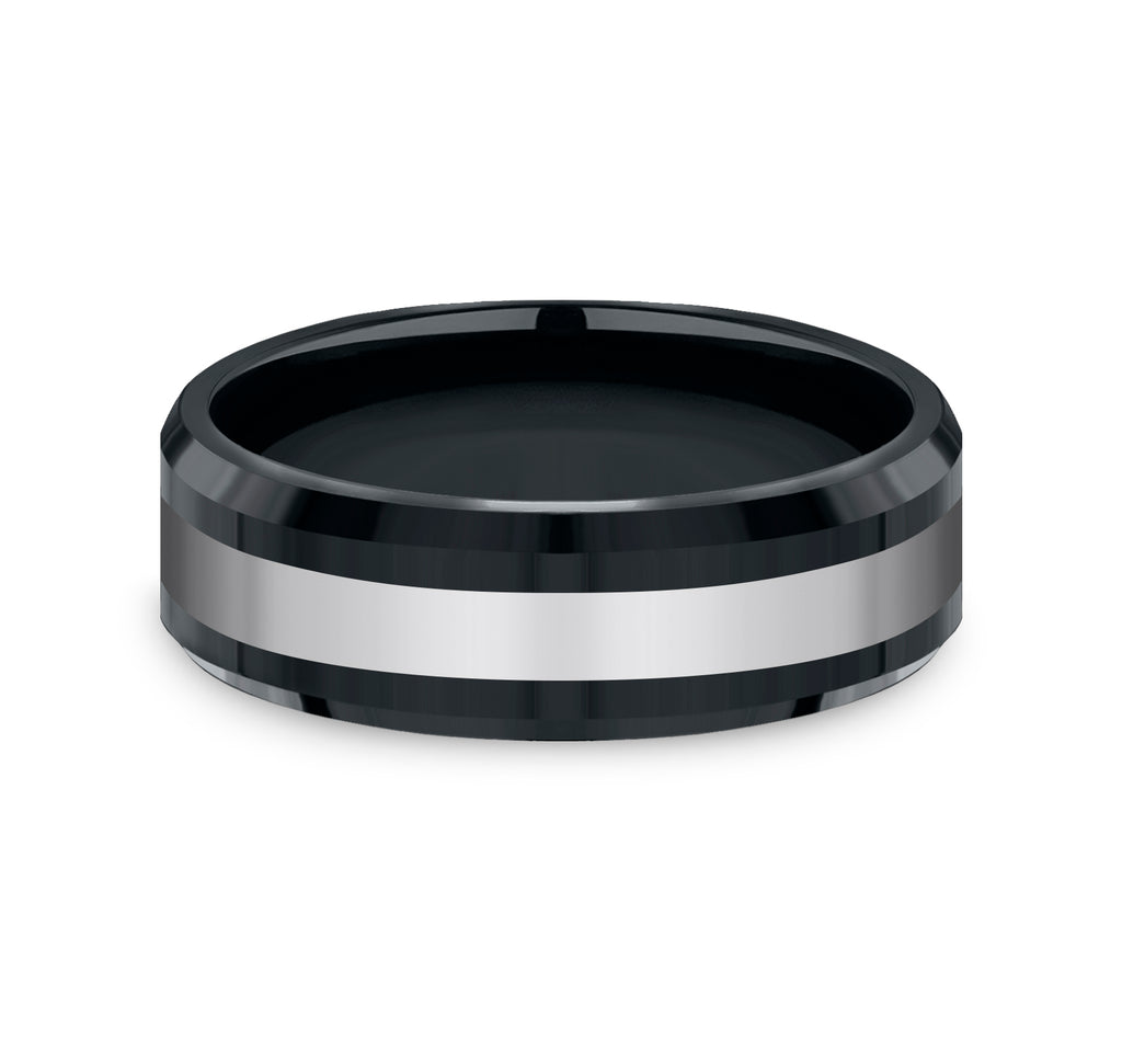 THE BOGAN 7mm, Comfort fit, Black Ceramic and Tungsten, Polished center, polished bevel edges