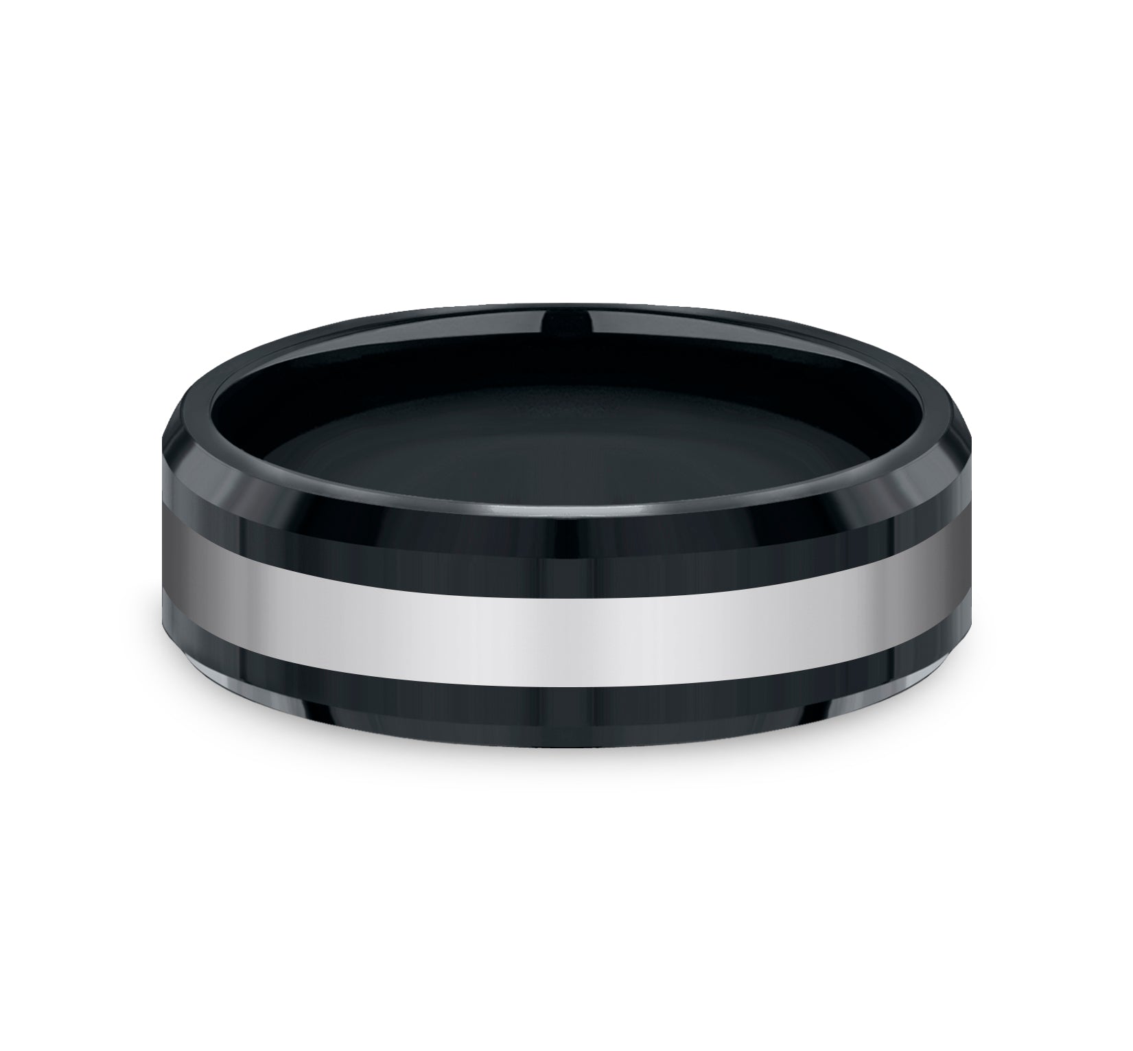 THE BOGAN 7mm, Comfort fit, Black Ceramic and Tungsten, Polished center, polished bevel edges