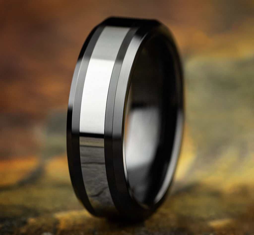 THE BOGAN 7mm, Comfort fit, Black Ceramic and Tungsten, Polished center, polished bevel edges