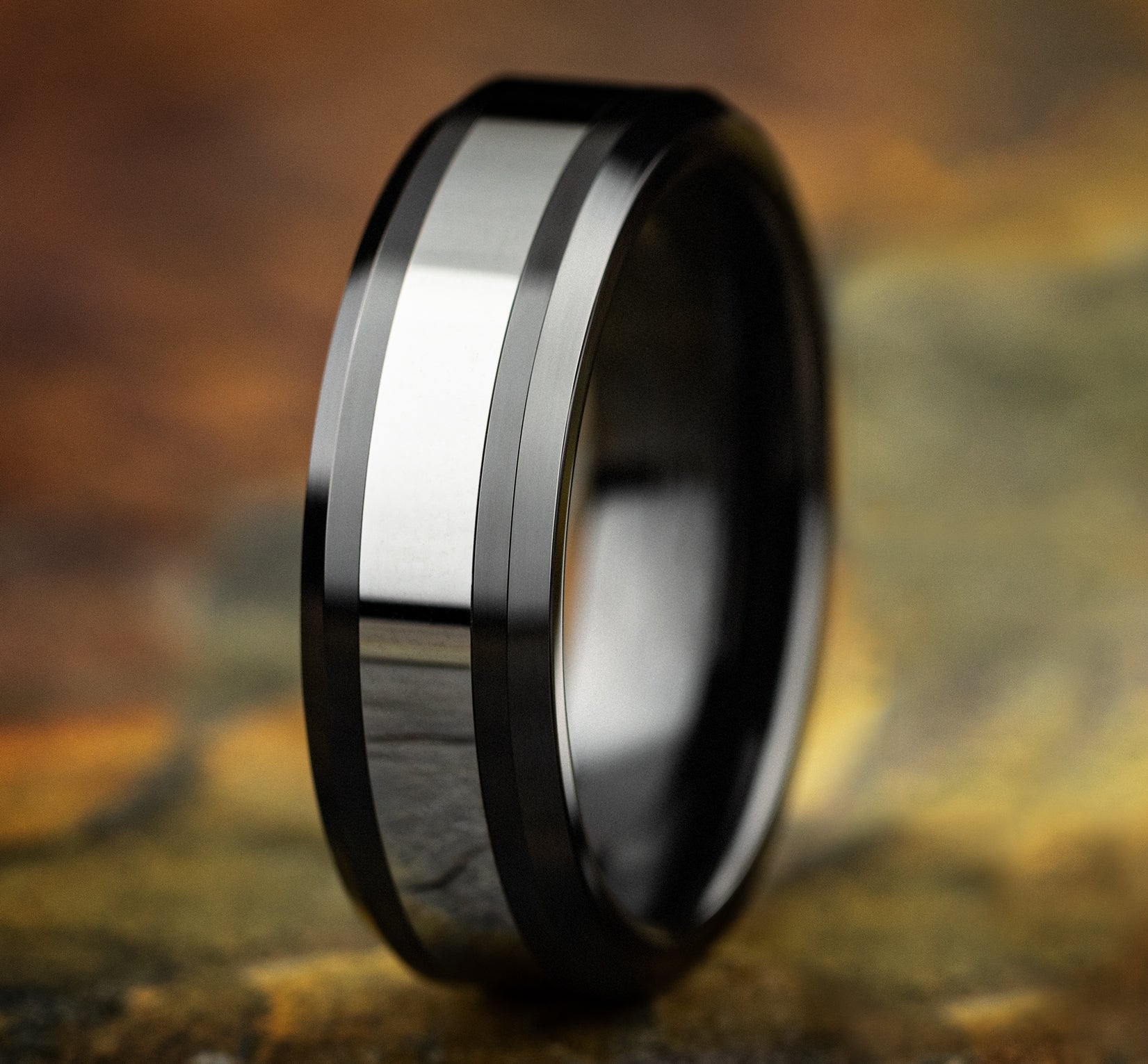 THE BOGAN 7mm, Comfort fit, Black Ceramic and Tungsten, Polished center, polished bevel edges
