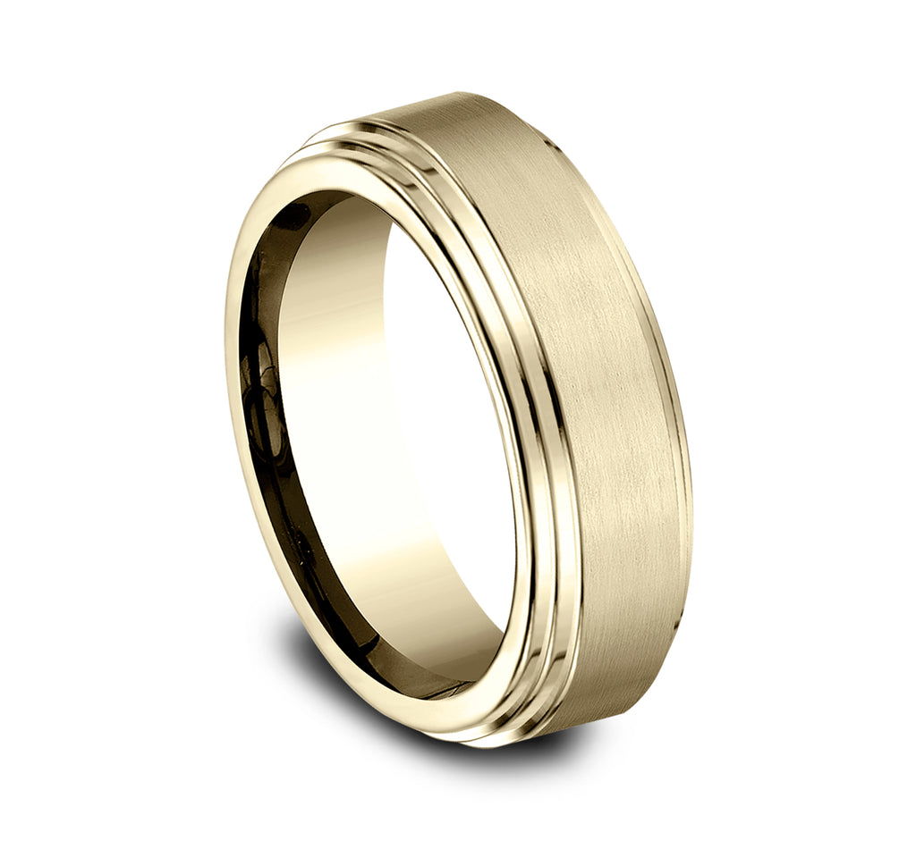 THE CADET 8mm, Comfort fit, 14K Yellow Gold, Satin center, polished double bevel edges