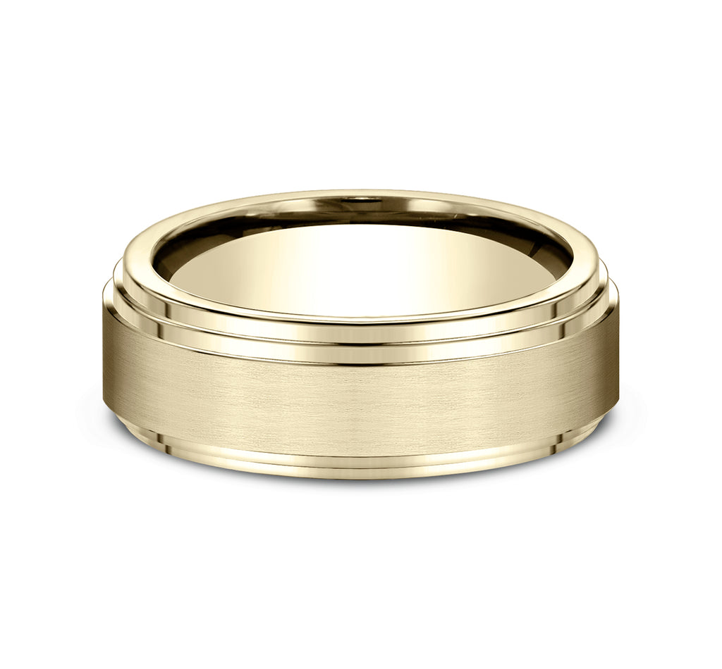 THE CADET 8mm, Comfort fit, 14K Yellow Gold, Satin center, polished double bevel edges