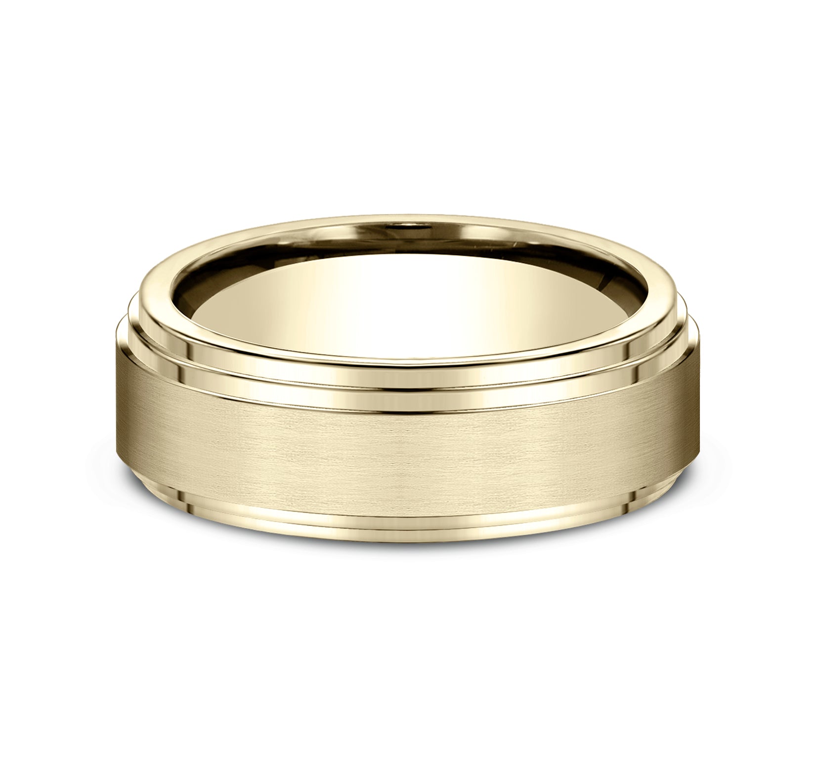 THE CADET 8mm, Comfort fit, 14K Yellow Gold, Satin center, polished double bevel edges