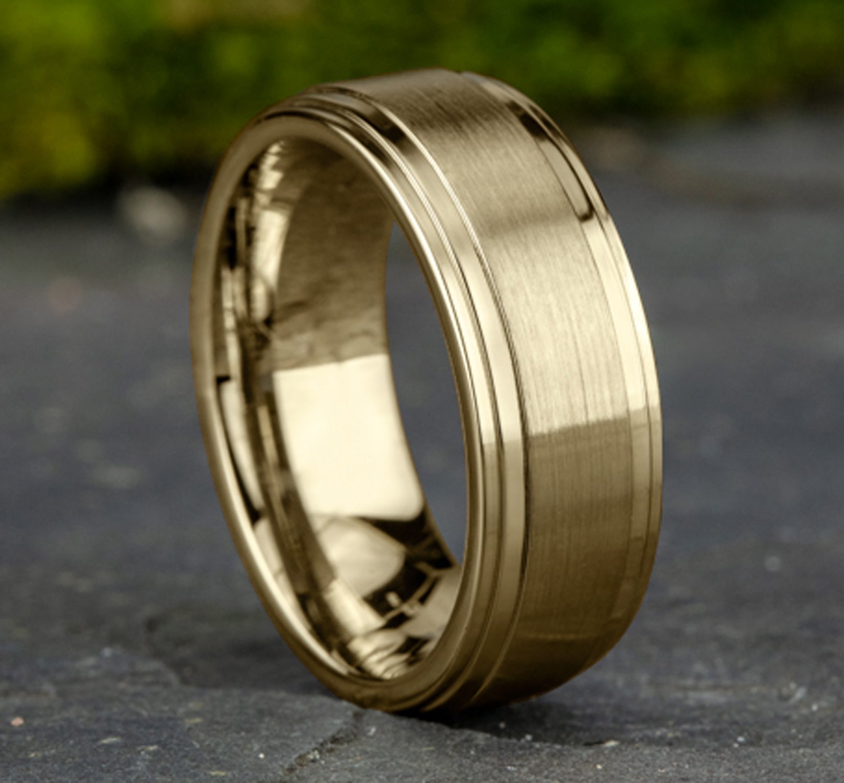THE CADET 8mm, Comfort fit, 14K Yellow Gold, Satin center, polished double bevel edges