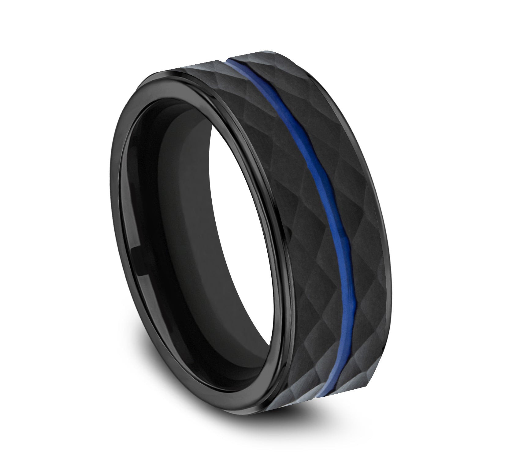 THE MCCLANE 8mm, Comfort fit, Black Cobalt, Faceted with a blue center cut, polished edges