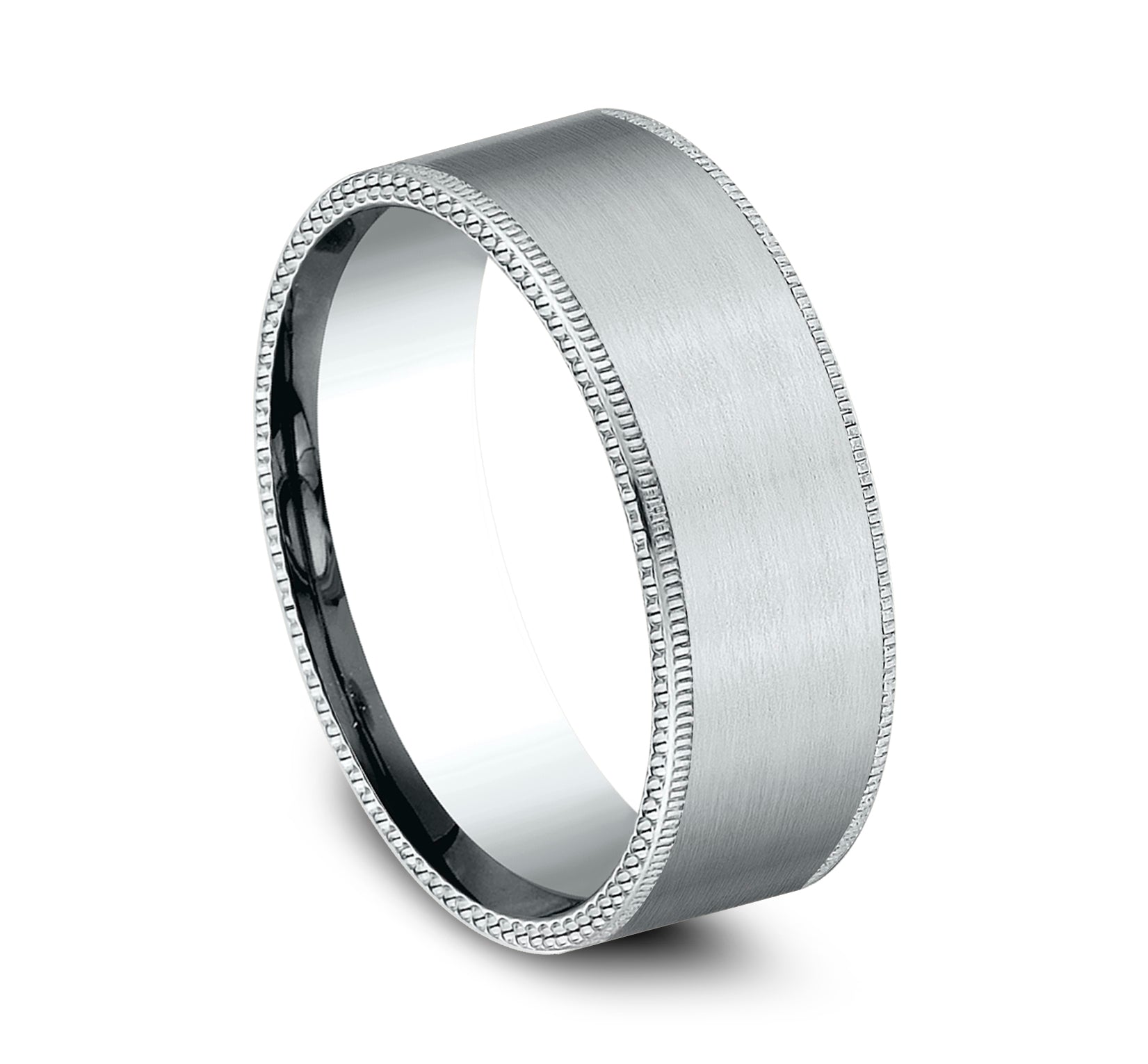 THE BOMBER 8mm, Comfort fit, 14K White Gold, Satin center, milgrain detailing, ball riveted edges