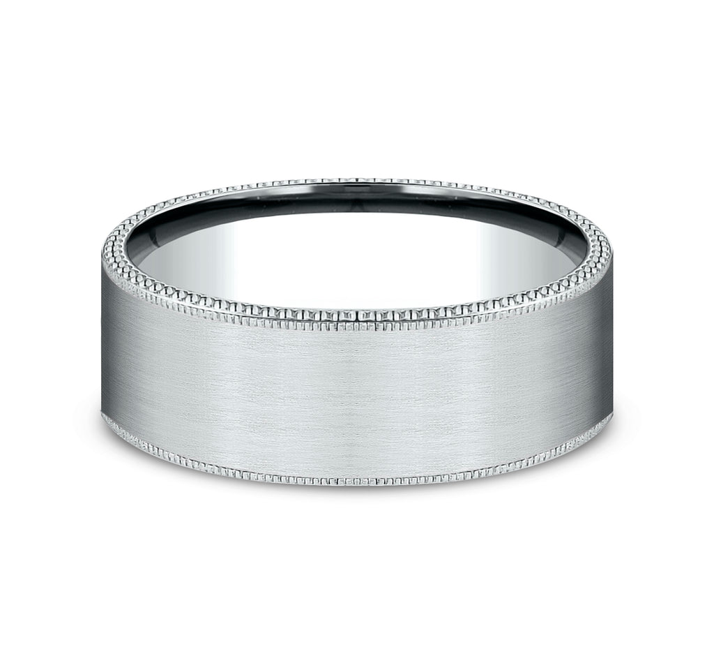 THE BOMBER 8mm, Comfort fit, 14K White Gold, Satin center, milgrain detailing, ball riveted edges