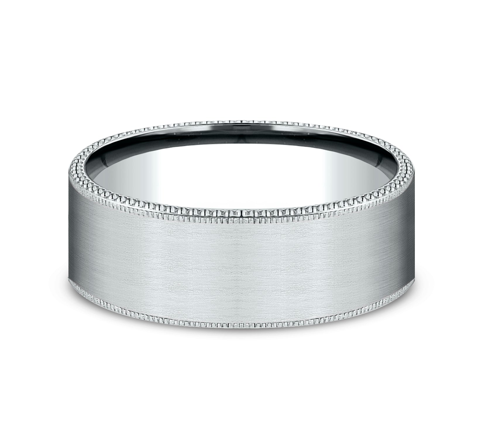 THE BOMBER 8mm, Comfort fit, 14K White Gold, Satin center, milgrain detailing, ball riveted edges
