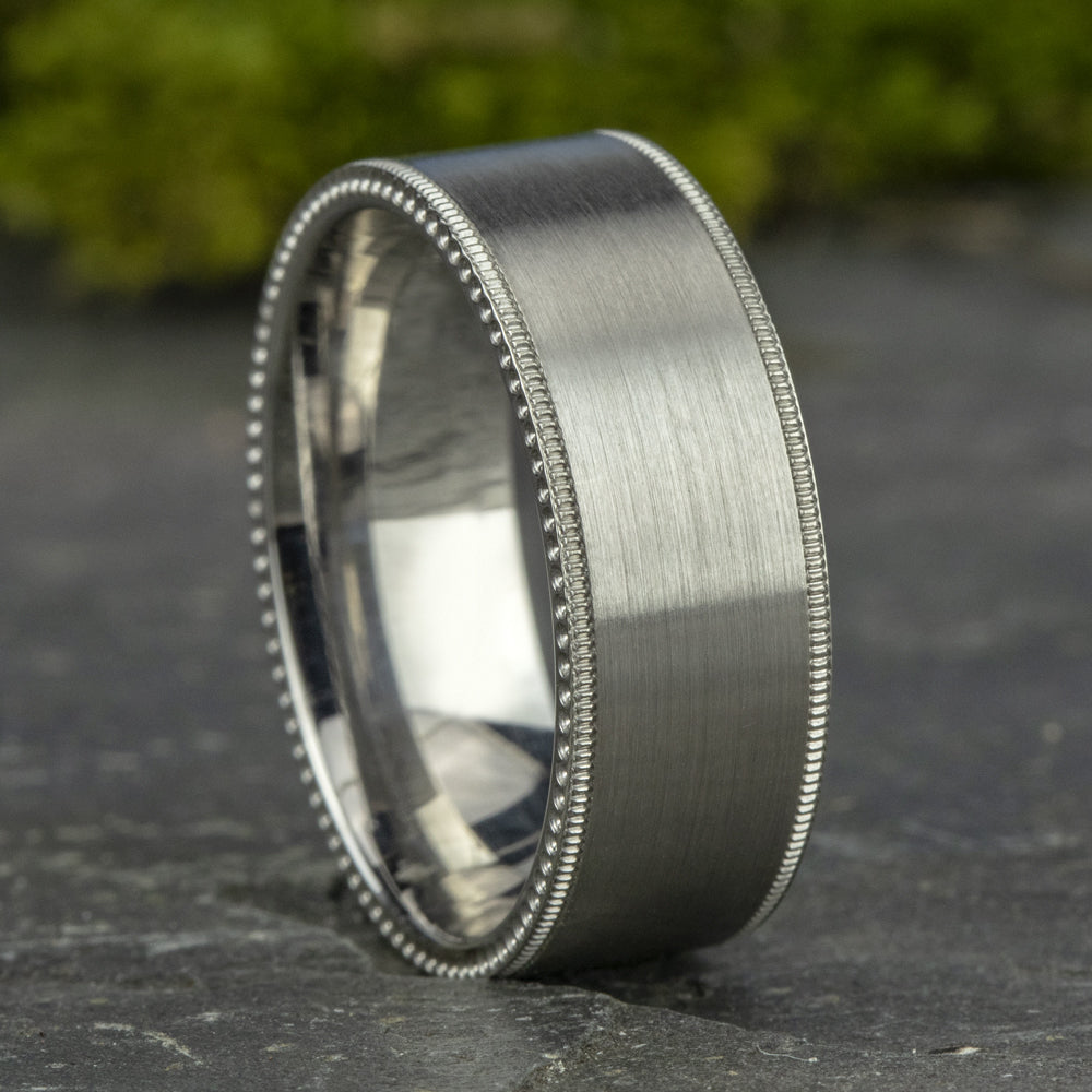 THE BOMBER 8mm, Comfort fit, 14K White Gold, Satin center, milgrain detailing, ball riveted edges