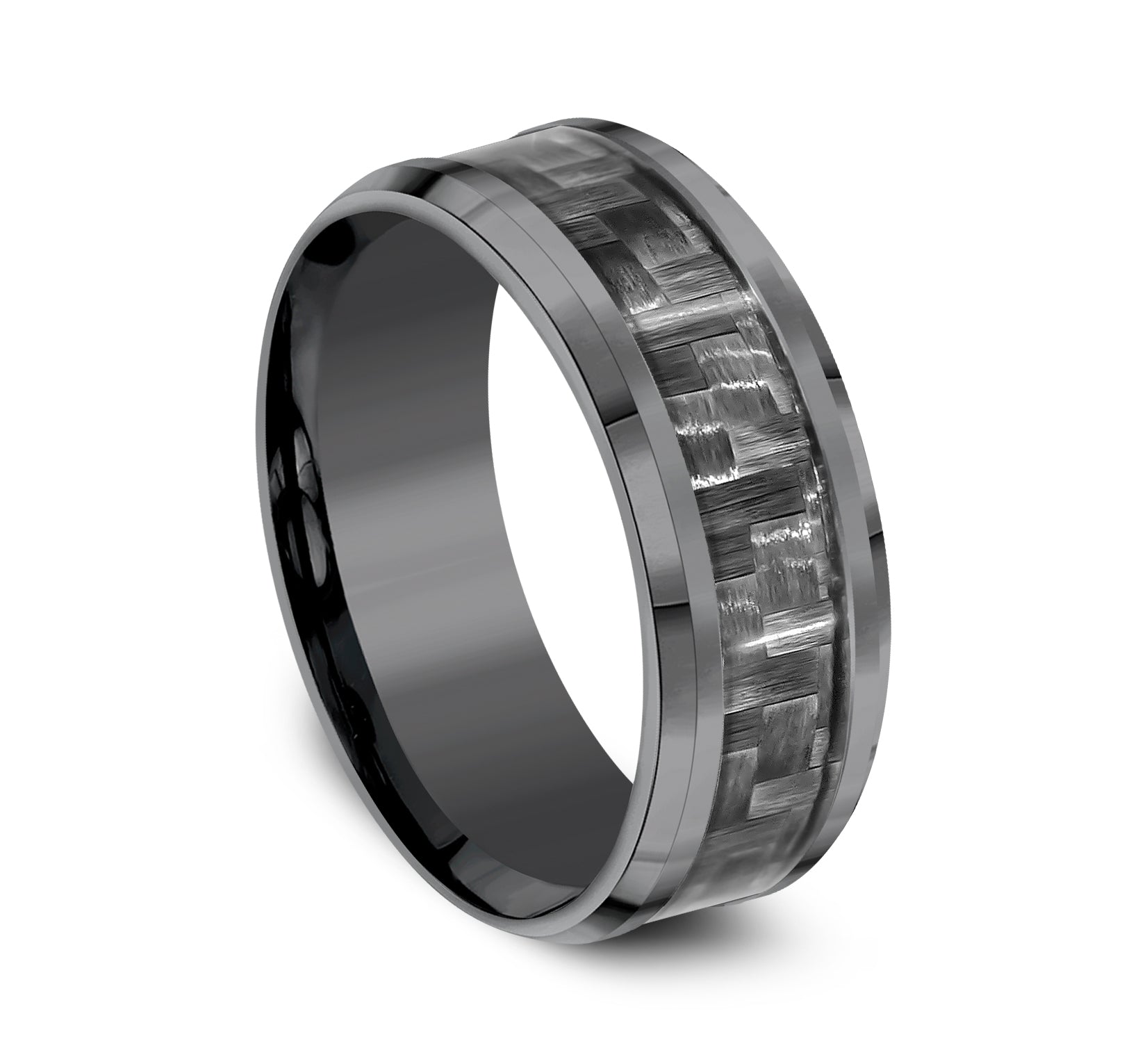THE CHIEF 8mm, Comfort fit, Darkened Tantalum and Grey Carbon Fiber, Carbon Fiber center, polished bevel edges